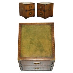 PAiR OF HARRODS LONDON MILITARY CAMPAIGN GREEN LEATHER BEDSIDE TABLE DRAWERS