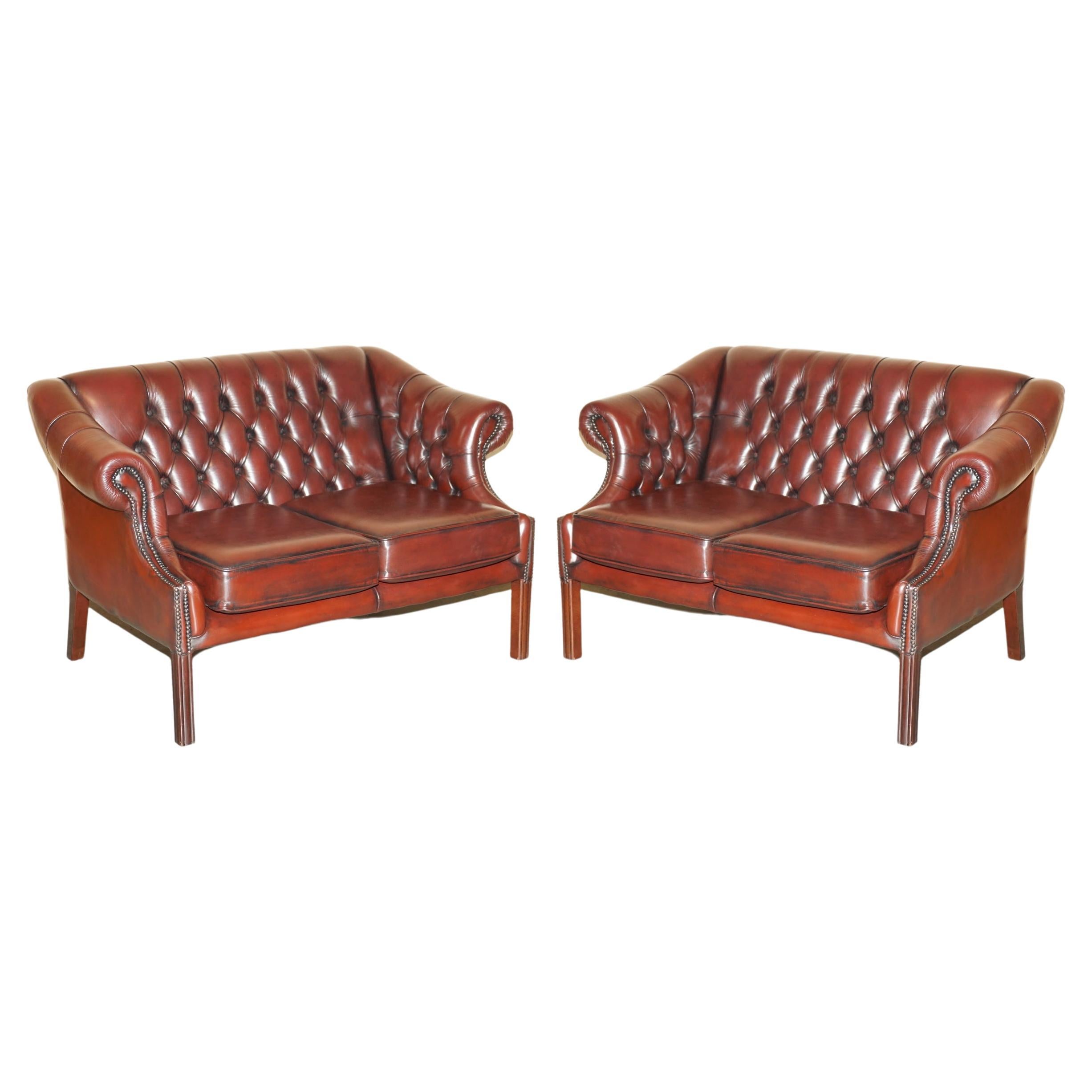 Pair of Harrods London Restored Bordeaux Brown Leather Chesterfield Tufted Sofas