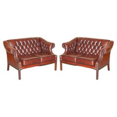 Pair of Harrods London Restored Bordeaux Brown Leather Chesterfield Tufted Sofas