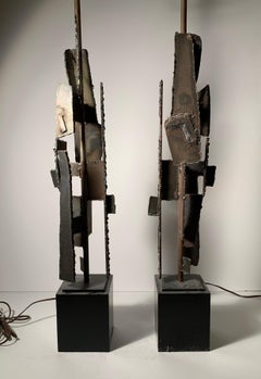 Pair of Richard Barr Brutalist Paul Evans Style Table Lamps for Laurel