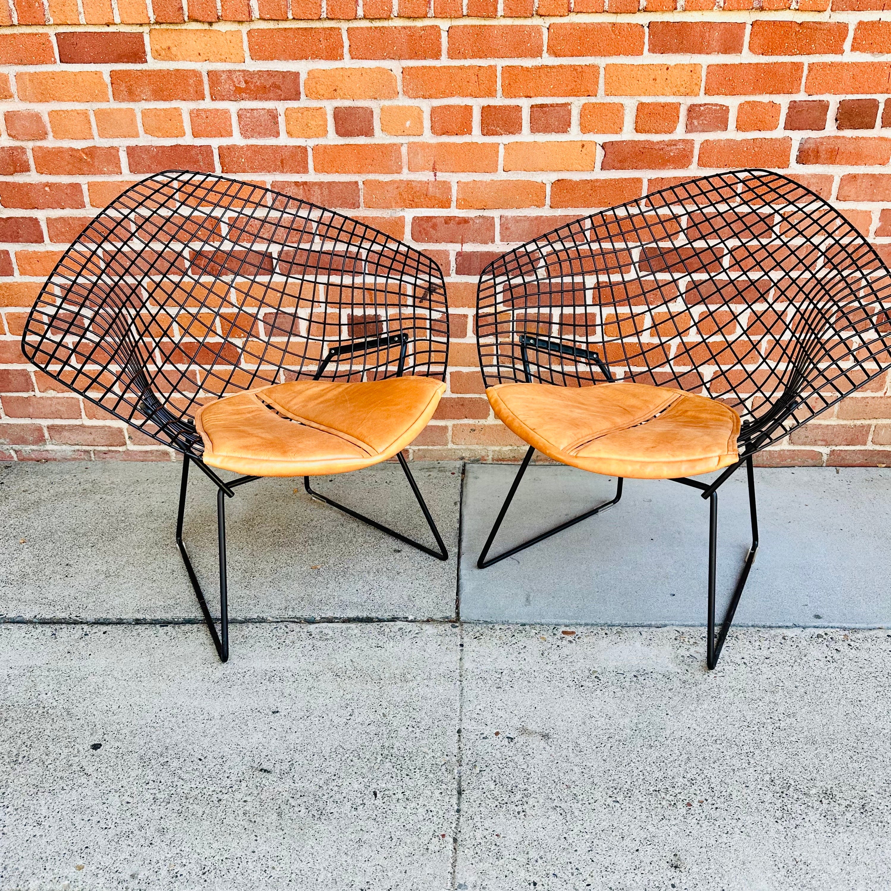 Mid-Century Modern Pair of Harry Bertoia for Knoll Diamond Chairs with Custom Leather Seat Pads