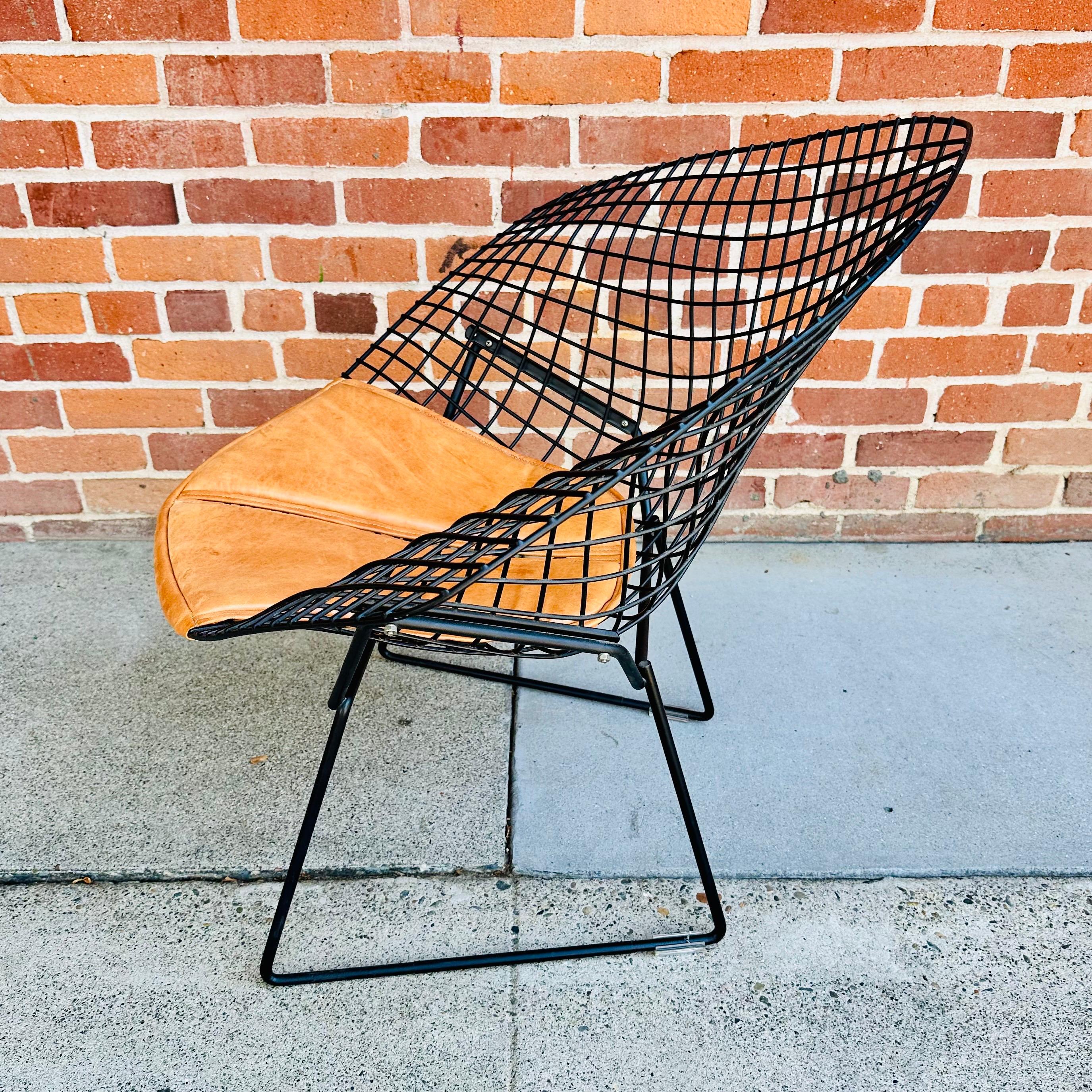 Pair of Harry Bertoia for Knoll Diamond Chairs with Custom Leather Seat Pads In Good Condition In Sacramento, CA