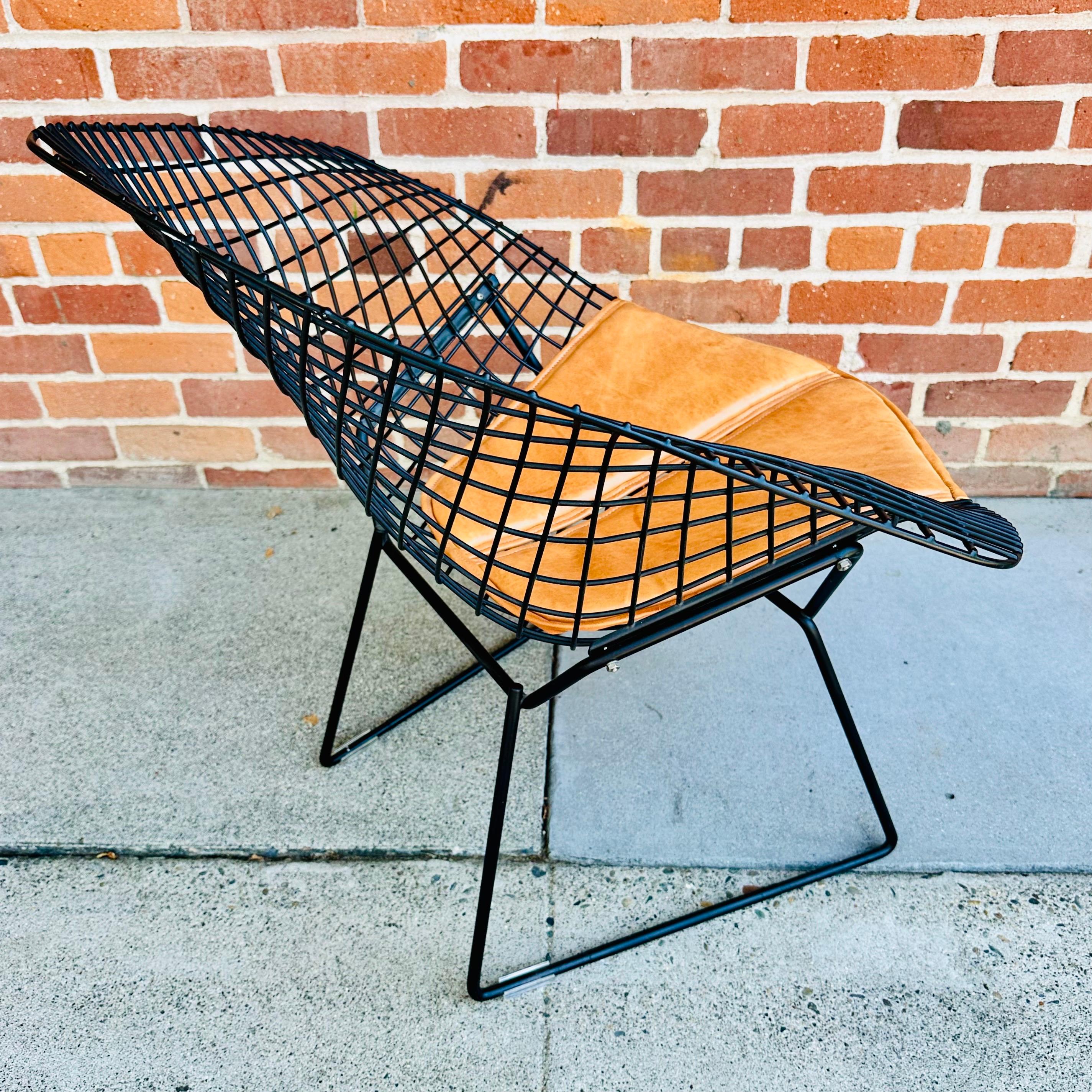 Metal Pair of Harry Bertoia for Knoll Diamond Chairs with Custom Leather Seat Pads
