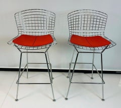 Pair of Harry Bertoia Wire Barstools for Knoll With Red Pads, Signed