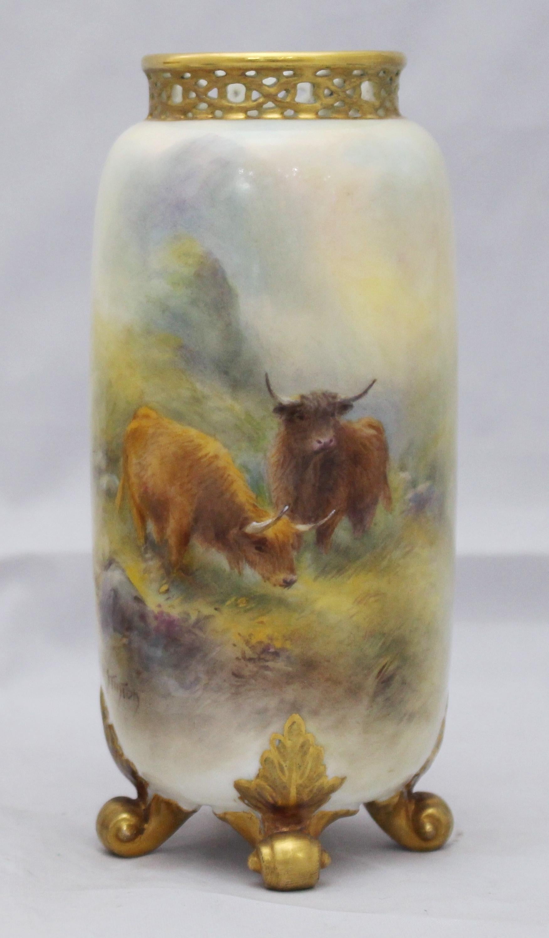 Pair of Harry Stinton Painted Cattle Vases by Royal Worcester, 1937 5