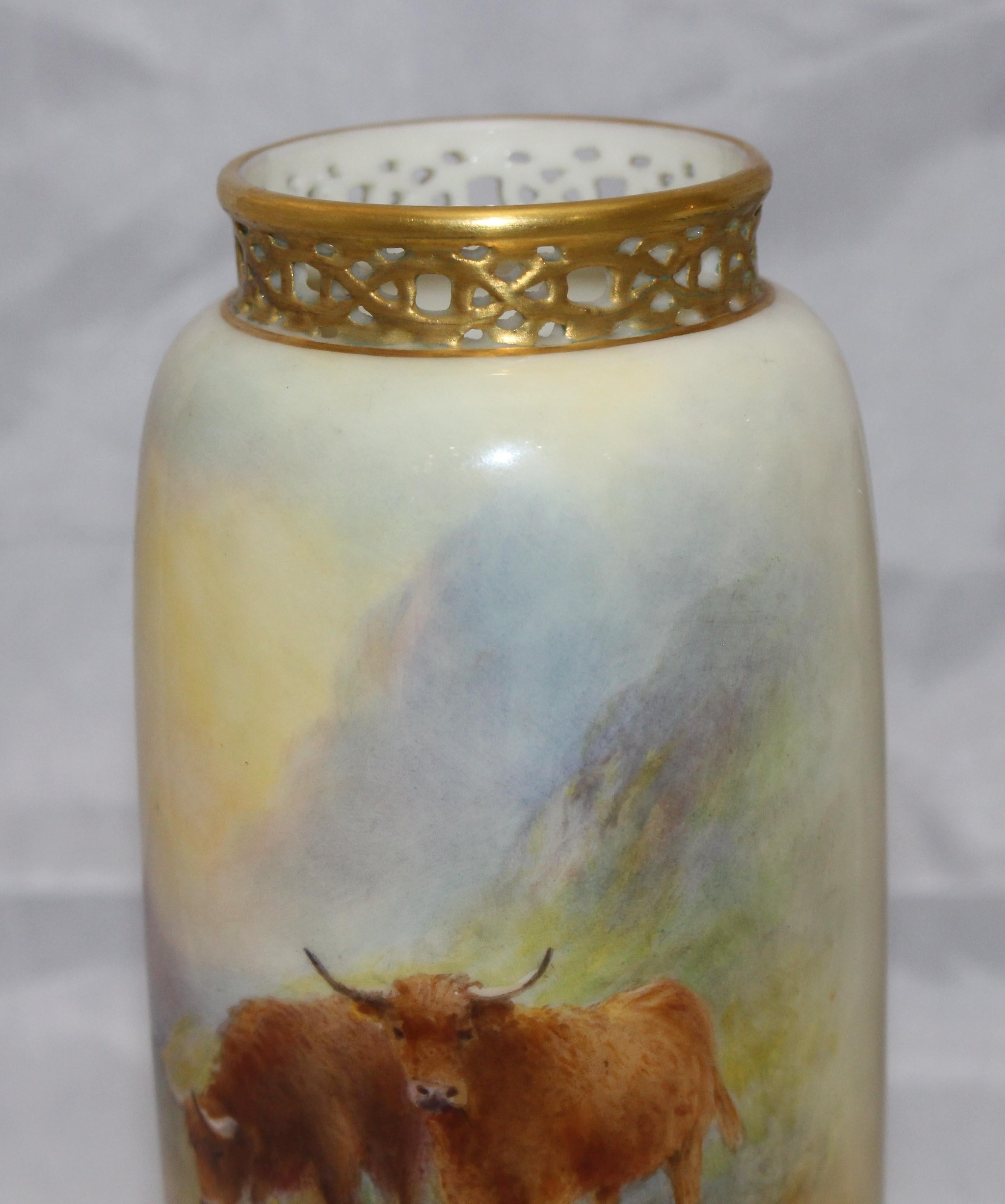 English Pair of Harry Stinton Painted Cattle Vases by Royal Worcester, 1937