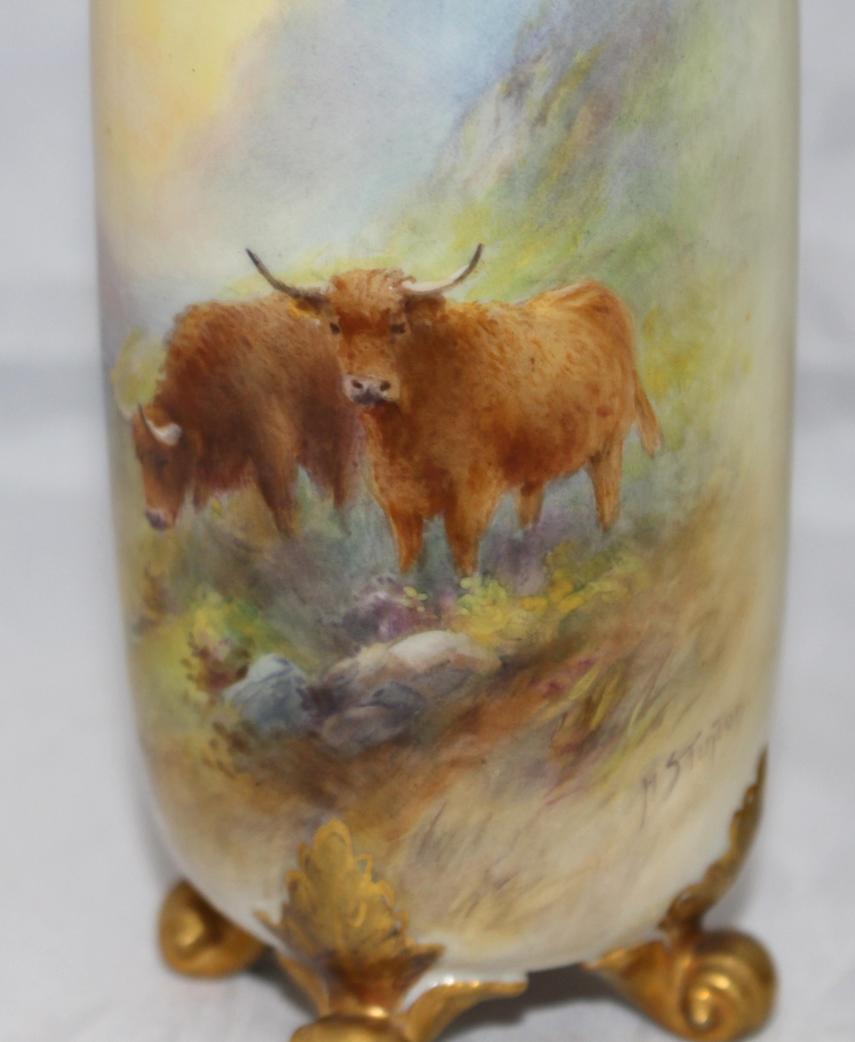20th Century Pair of Harry Stinton Painted Cattle Vases by Royal Worcester, 1937
