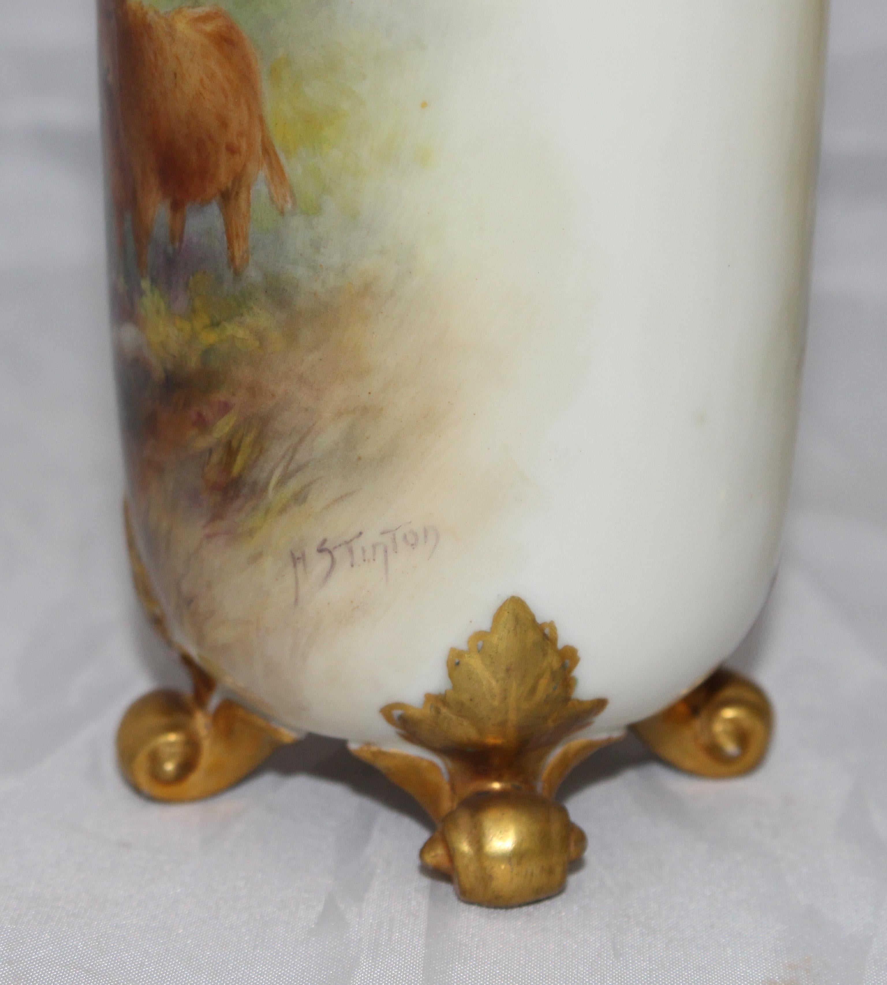 Porcelain Pair of Harry Stinton Painted Cattle Vases by Royal Worcester, 1937