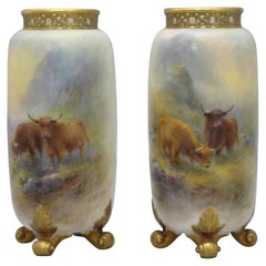 Pair of Harry Stinton Painted Cattle Vases by Royal Worcester, 1937