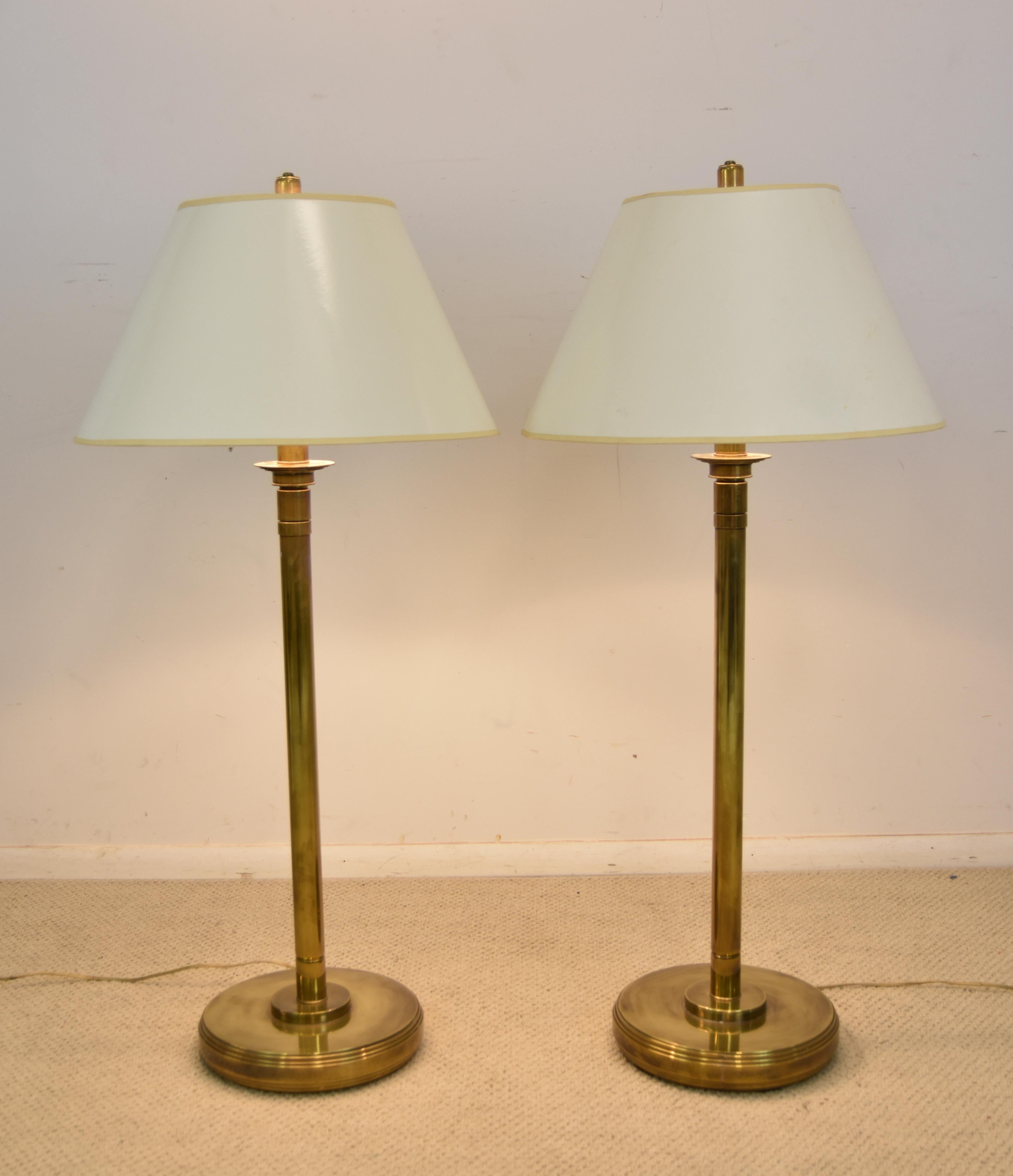 Pair of Hart Associates brass adjustable single socket floor lamps with dimmer switches. WA90 A stamped on the bottom.