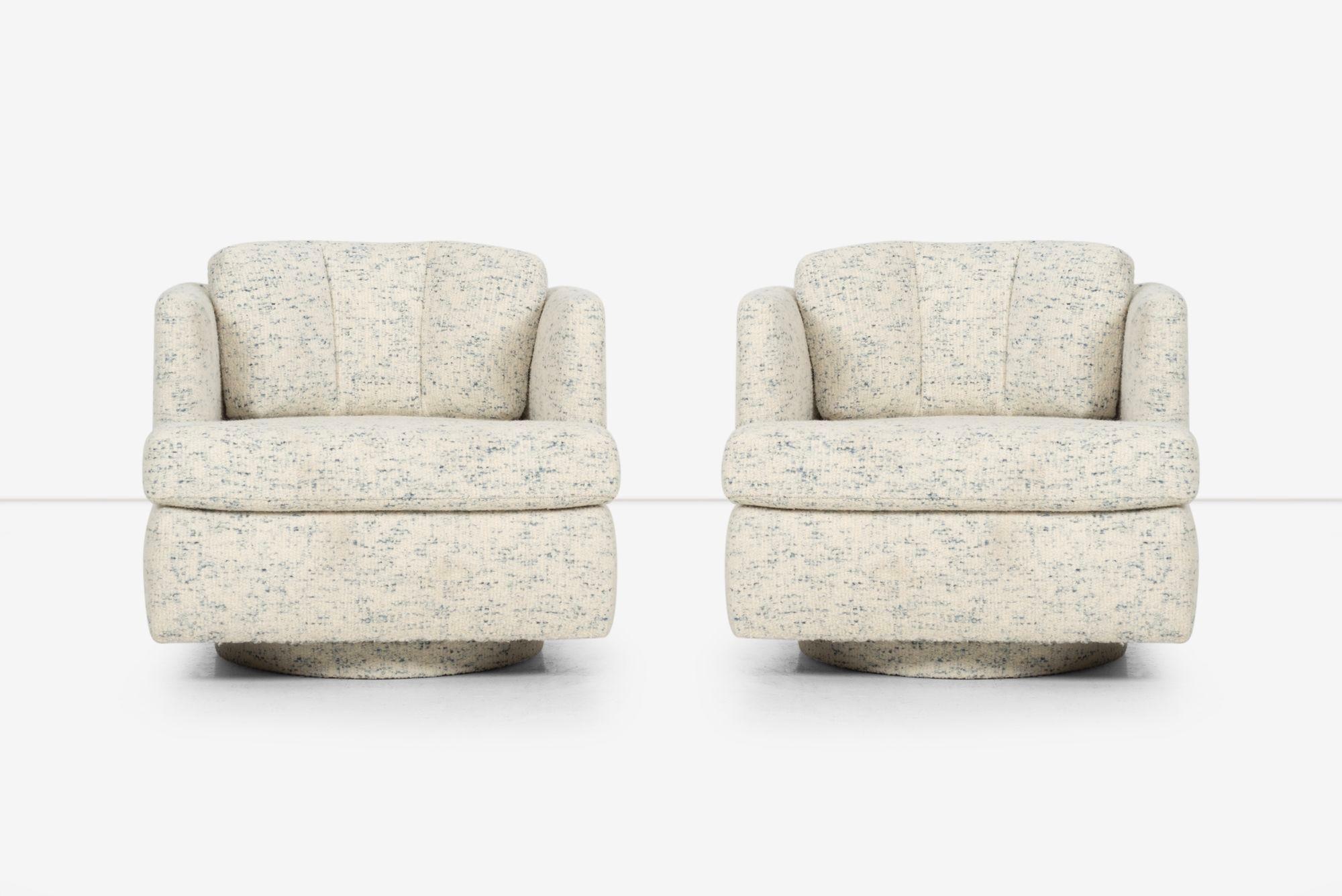 Pair of Attributed to Harvey Probber Hexagonal Swivel Lounge Chairs, These chairs feature an Irregular Hexagon shape with six sides of different lengths, with a pillow back. They have been expertly reupholstered with textured cotton-poly Great