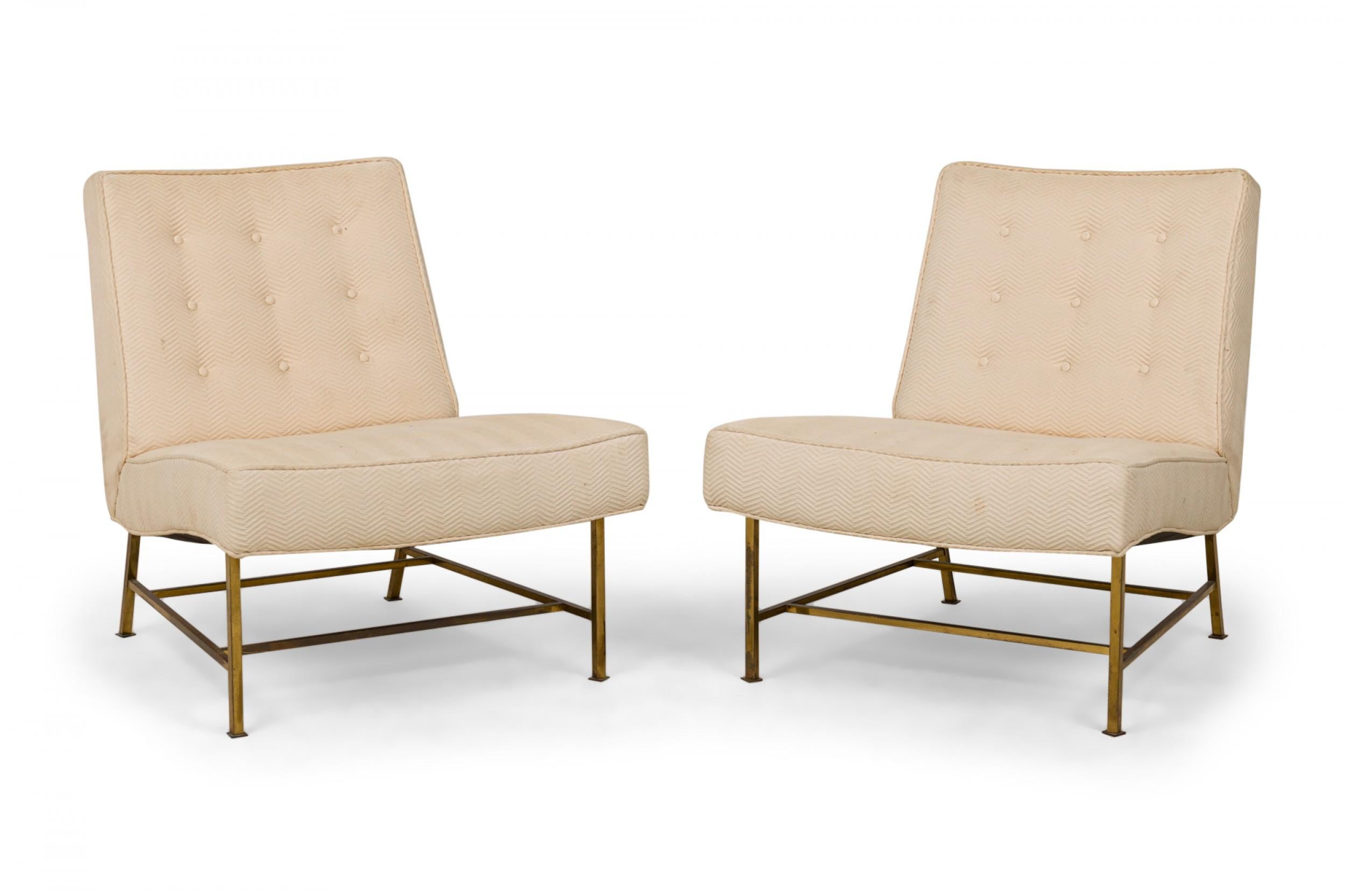 Pair of Harvey Probber Beige Zig-Zag Textured Upholstery and Brass Slipper Chair