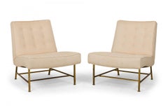 Pair of Harvey Probber Beige Zig-Zag Textured Upholstery and Brass Slipper Chair