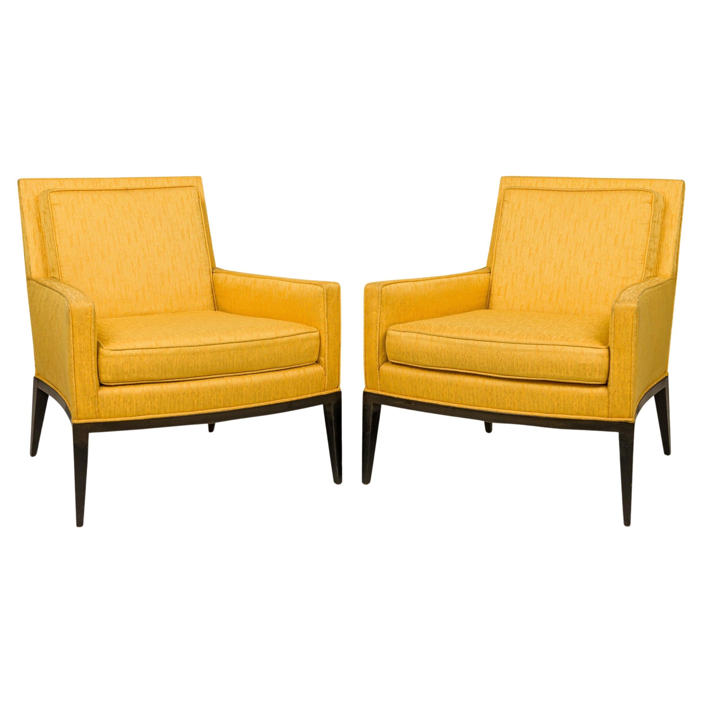 Pair of Harvey Probber Bright Yellow Fabric Upholstered Ebonized Lounge For Sale