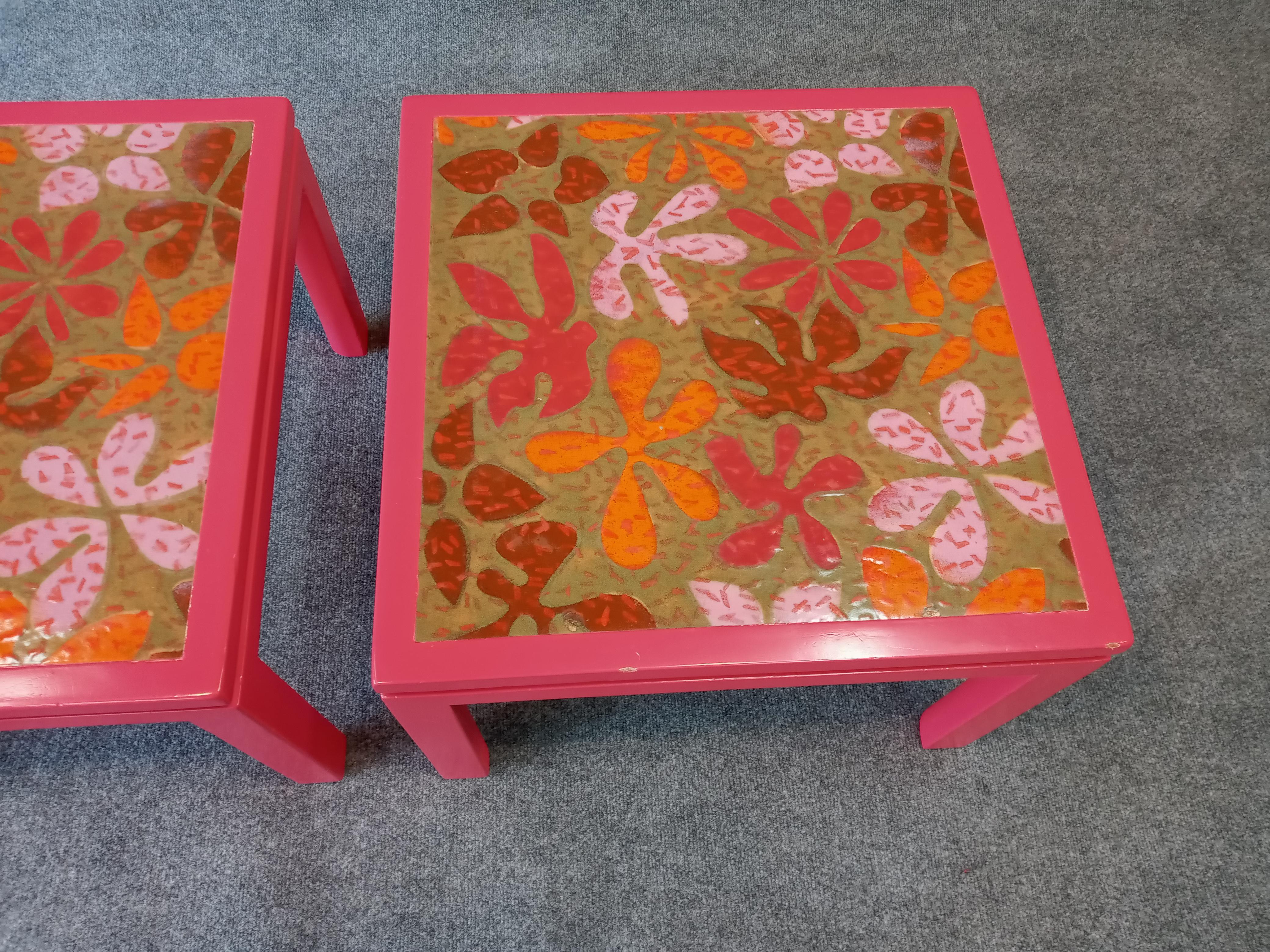 Mid-Century Modern Pair of Harvey Probber Enameled Copper Flower Motif Side Tables For Sale