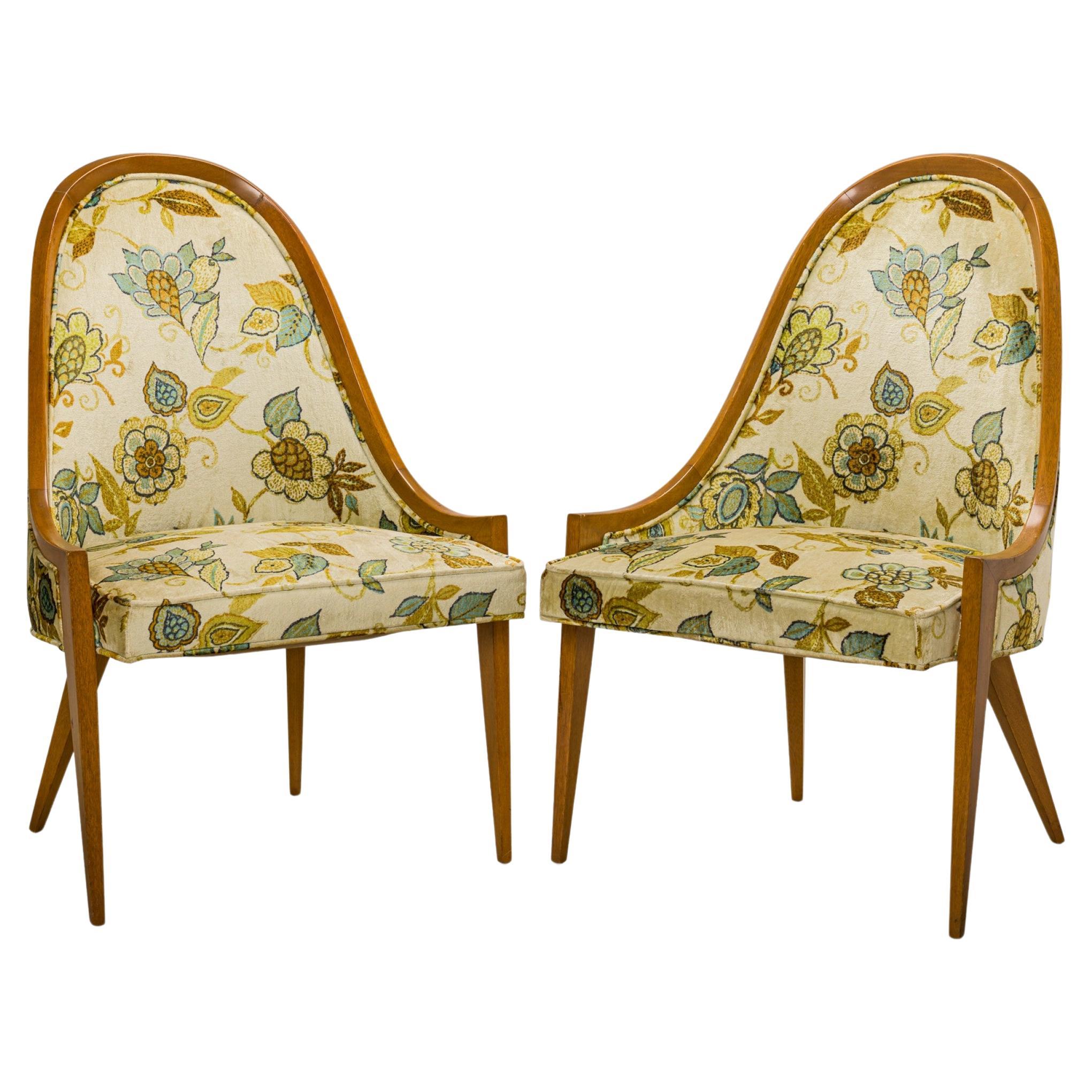 Pair of Harvey Probber Floral Print 'Gondola' Mahogany Pull Up Side Chairs For Sale