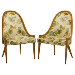 Vintage Pair of Harvey Probber Floral Print 'Gondola' Mahogany Pull Up Side Chairs