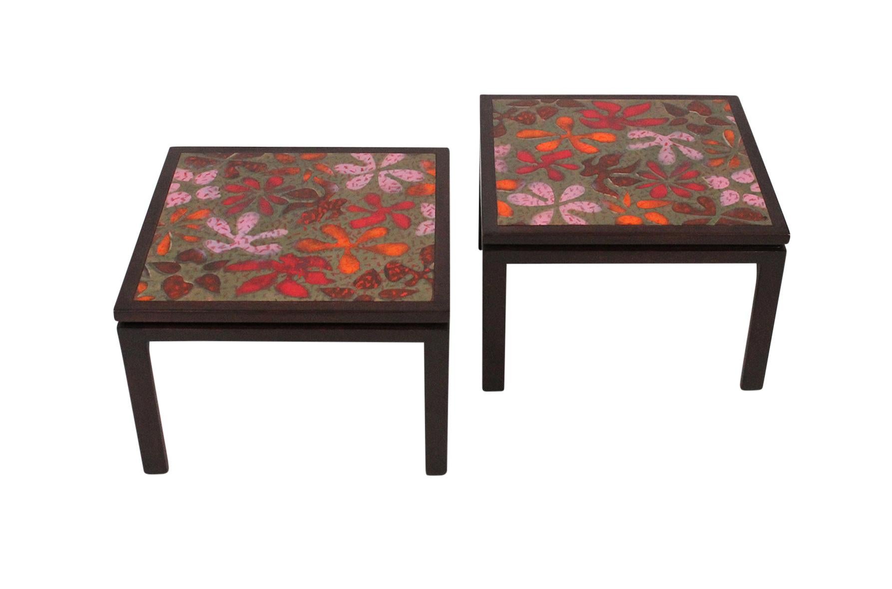 Pair of Harvey Probber side tables with enameled copper tops featuring a floral motif.