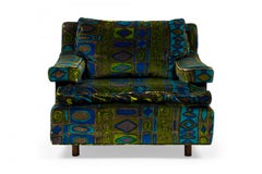 Pair of Harvey Probber Green and Blue Patterned Velvet Cube Armchairs