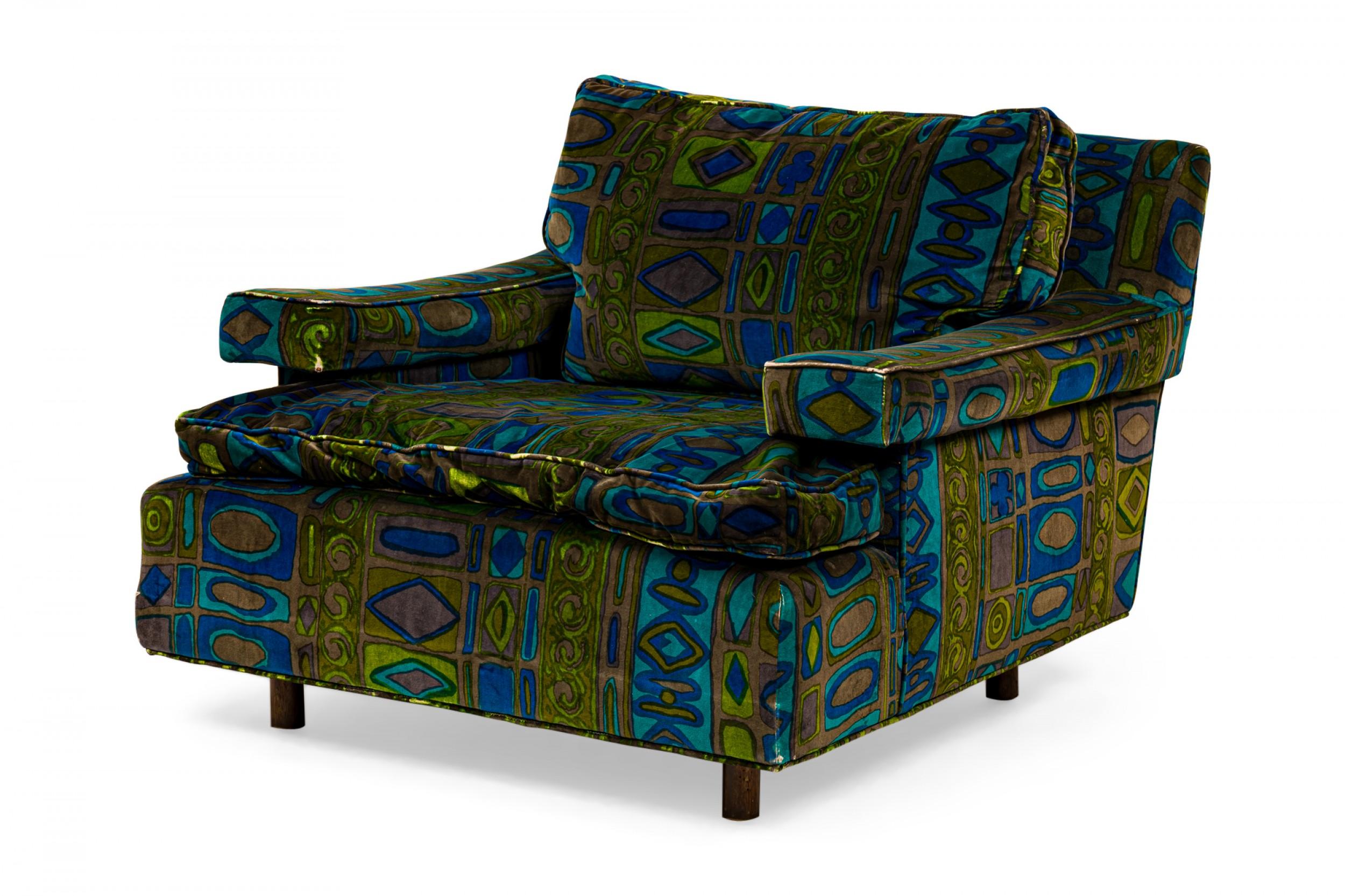 Mid-Century Modern Pair of Harvey Probber Green and Blue Patterned Velvet Cube Armchairs For Sale