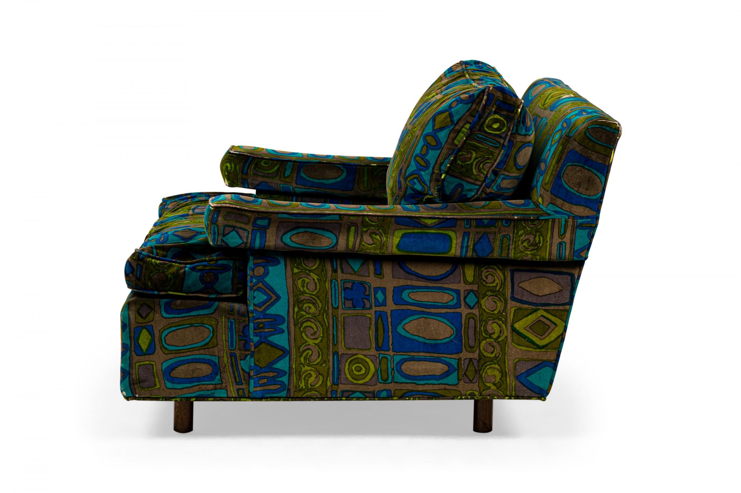 American Pair of Harvey Probber Green and Blue Patterned Velvet Cube Armchairs For Sale
