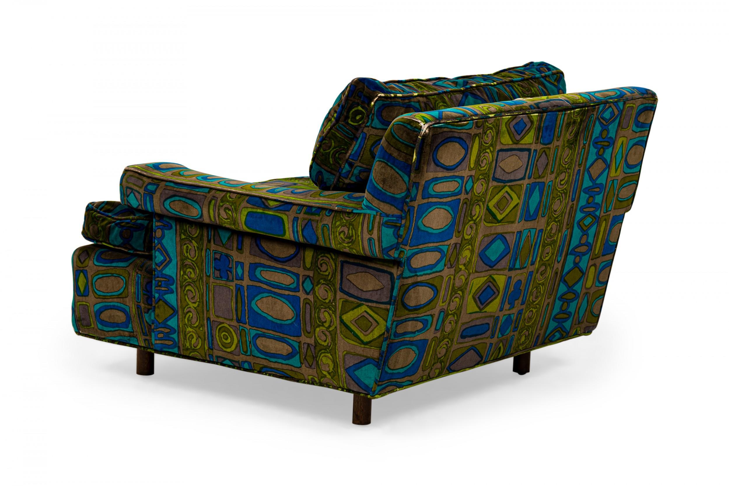 Pair of Harvey Probber Green and Blue Patterned Velvet Cube Armchairs In Good Condition For Sale In New York, NY