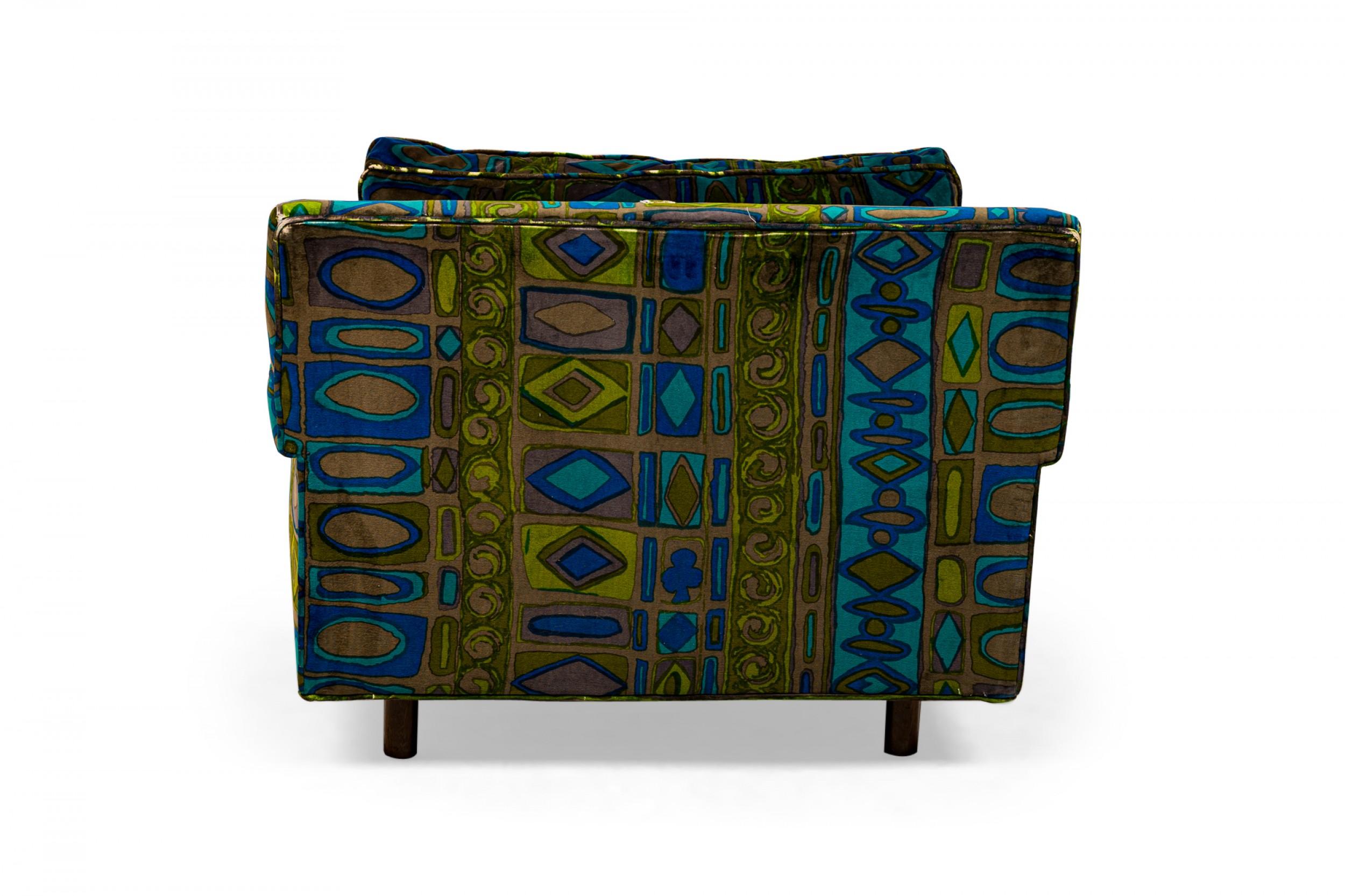 20th Century Pair of Harvey Probber Green and Blue Patterned Velvet Cube Armchairs For Sale