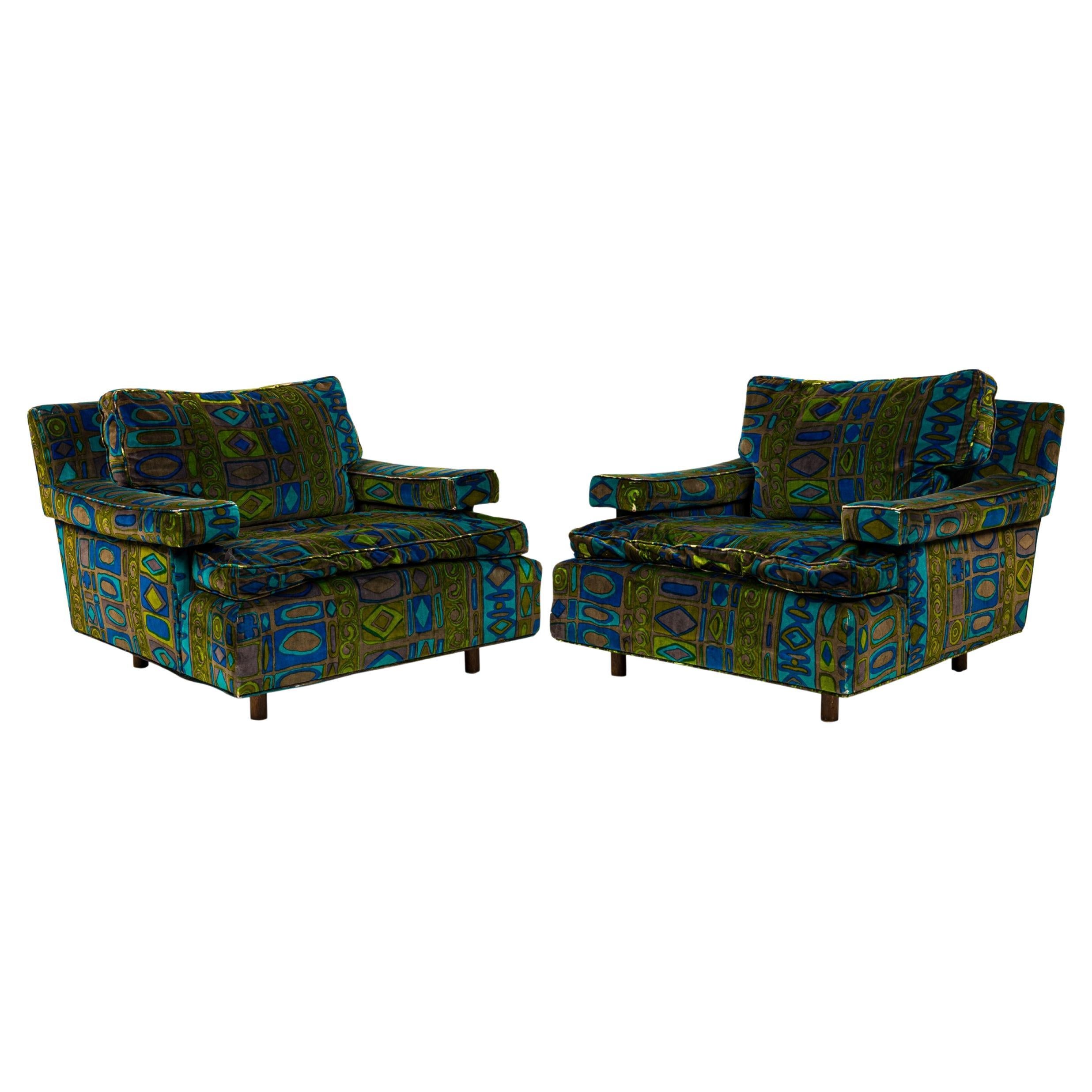 Pair of Harvey Probber Green and Blue Patterned Velvet Cube Armchairs For Sale