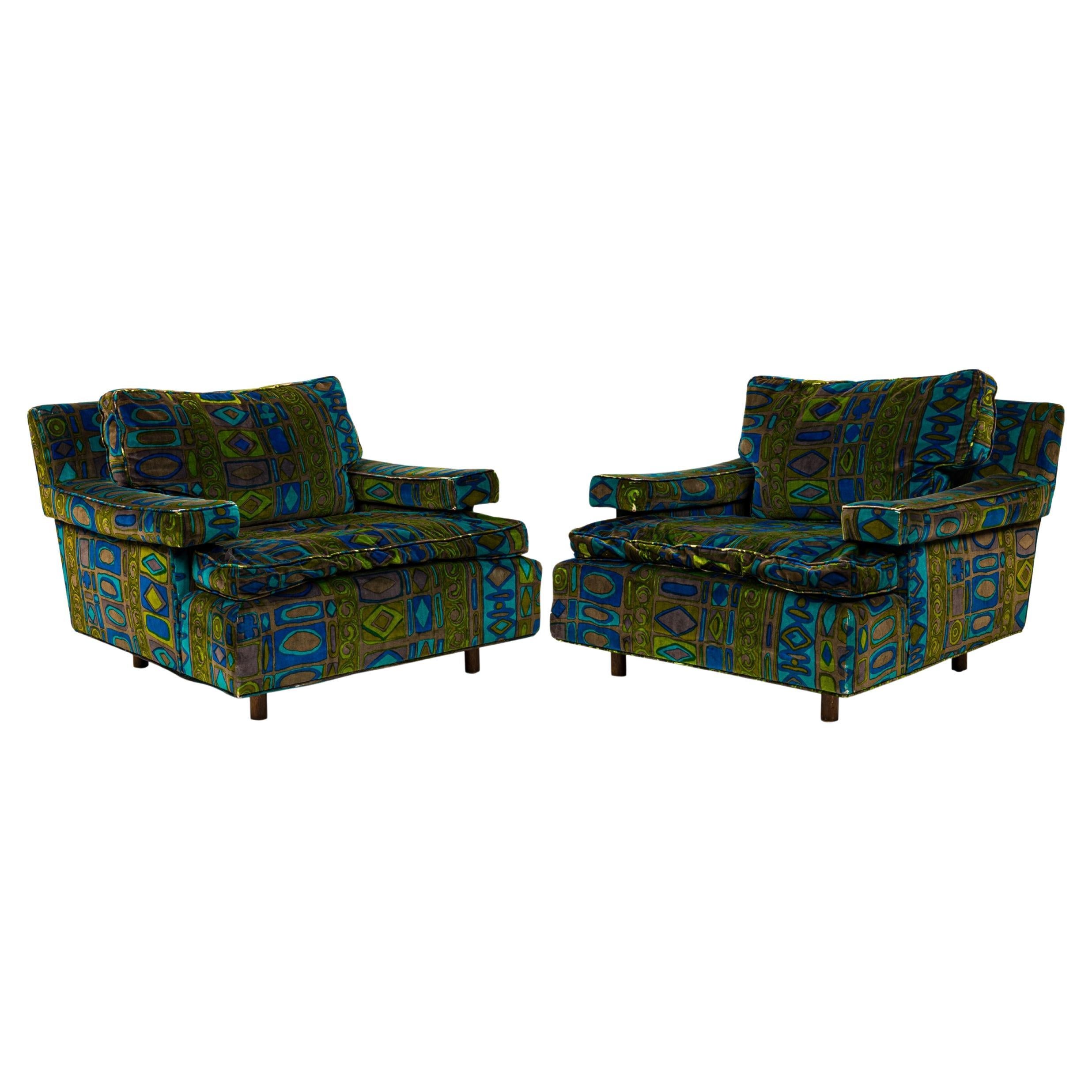 Paire de fauteuils cubiques en velours à motifs verts et bleus Harvey Probber