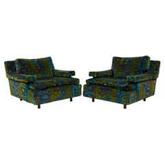 Pair of Harvey Probber Green and Blue Patterned Velvet Cube Armchairs