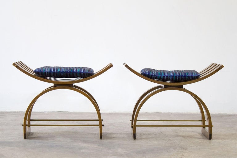 Pair of rare Knights benches model 1173 designed by Harvey Probber, 1955. Both benches are in very good original condition constructed from mahogany and brass with the original upholstery.