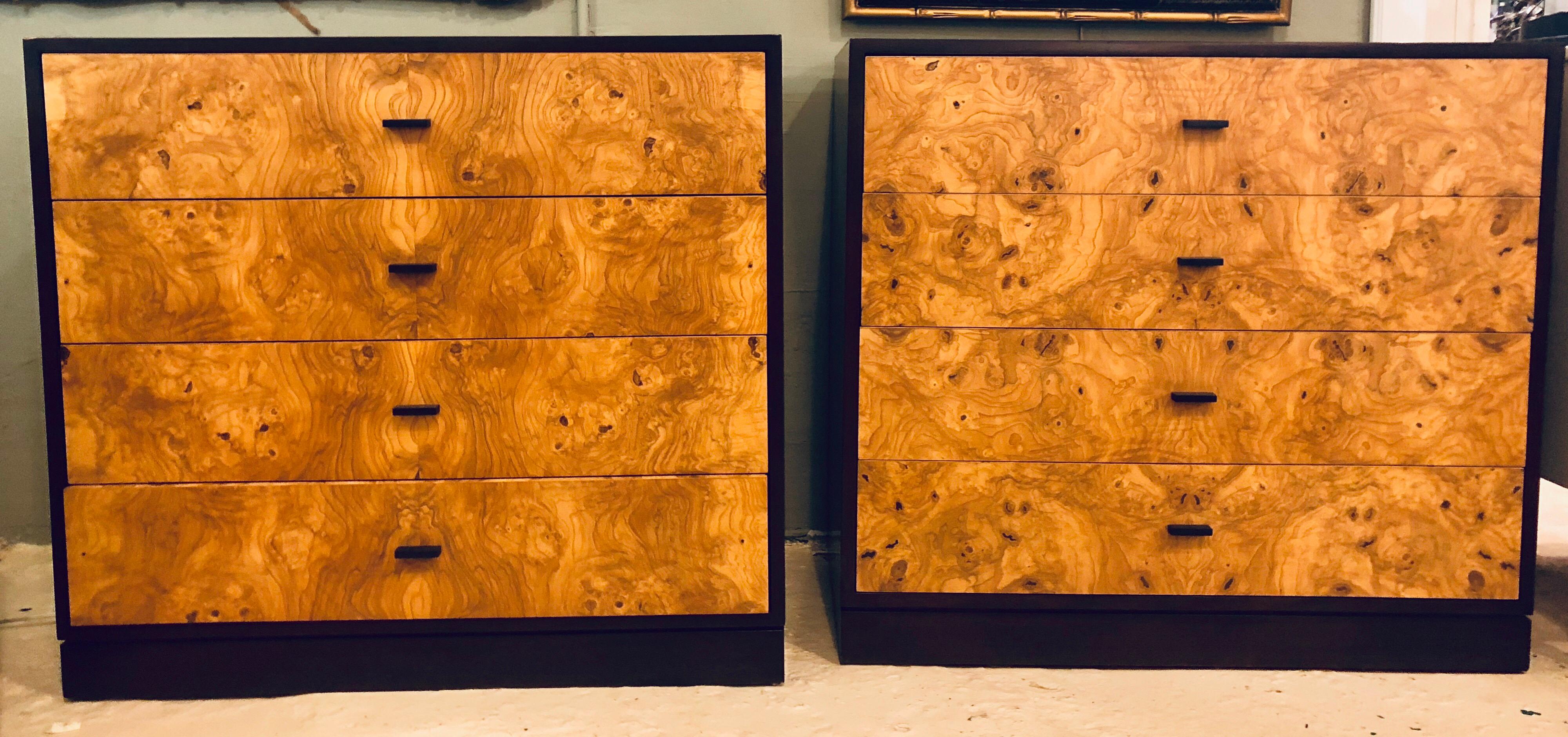 Pair of Harvey Probber labeled burl wood and mahogany commode chests or nightstands. These spectacular Probber designed chests are simply stunning each having an ebonized case that has been professionally polished in our in house workshops. The case