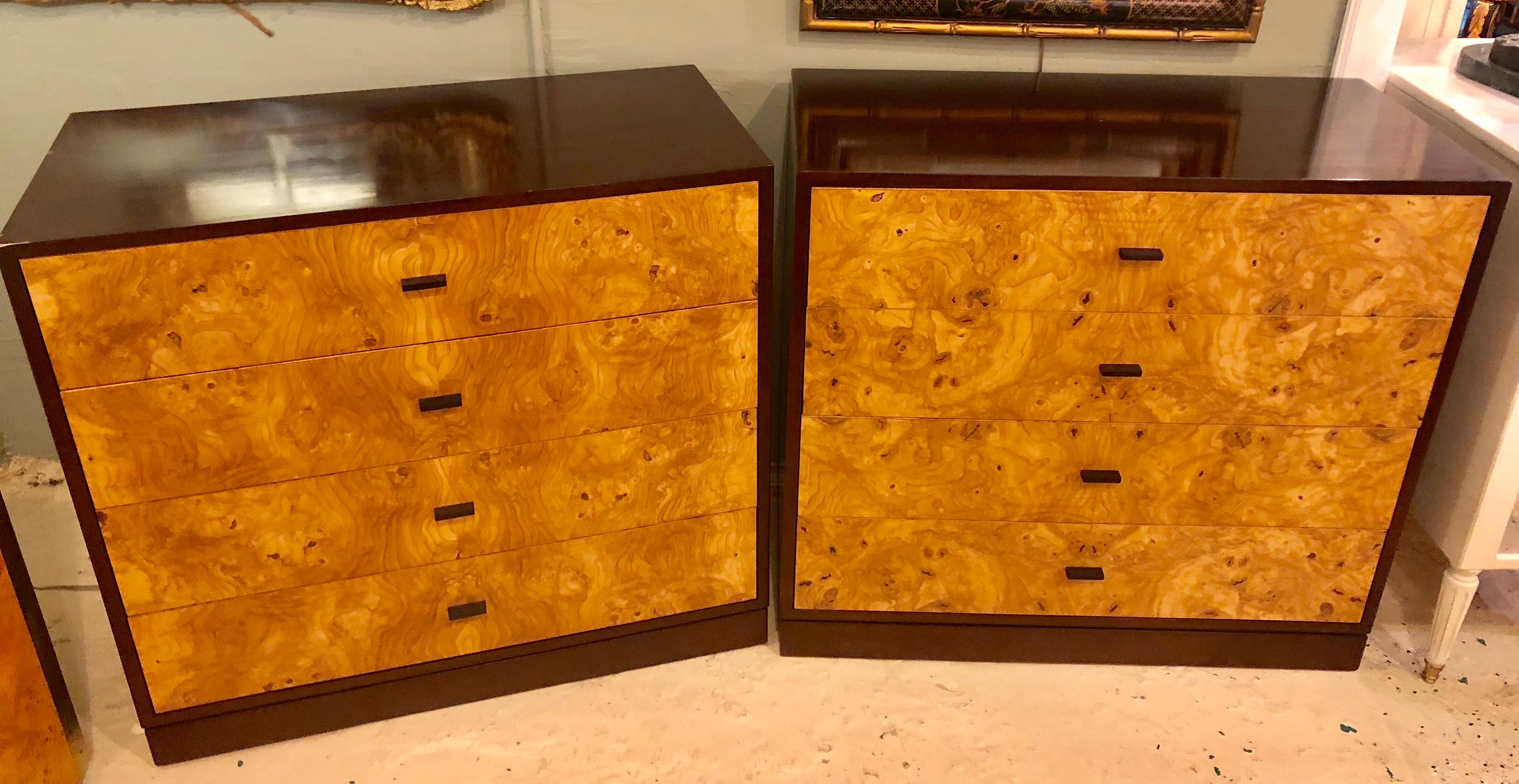 American Pair of Harvey Probber Labeled Burl Wood and Mahogany Commode Chests Nightstands