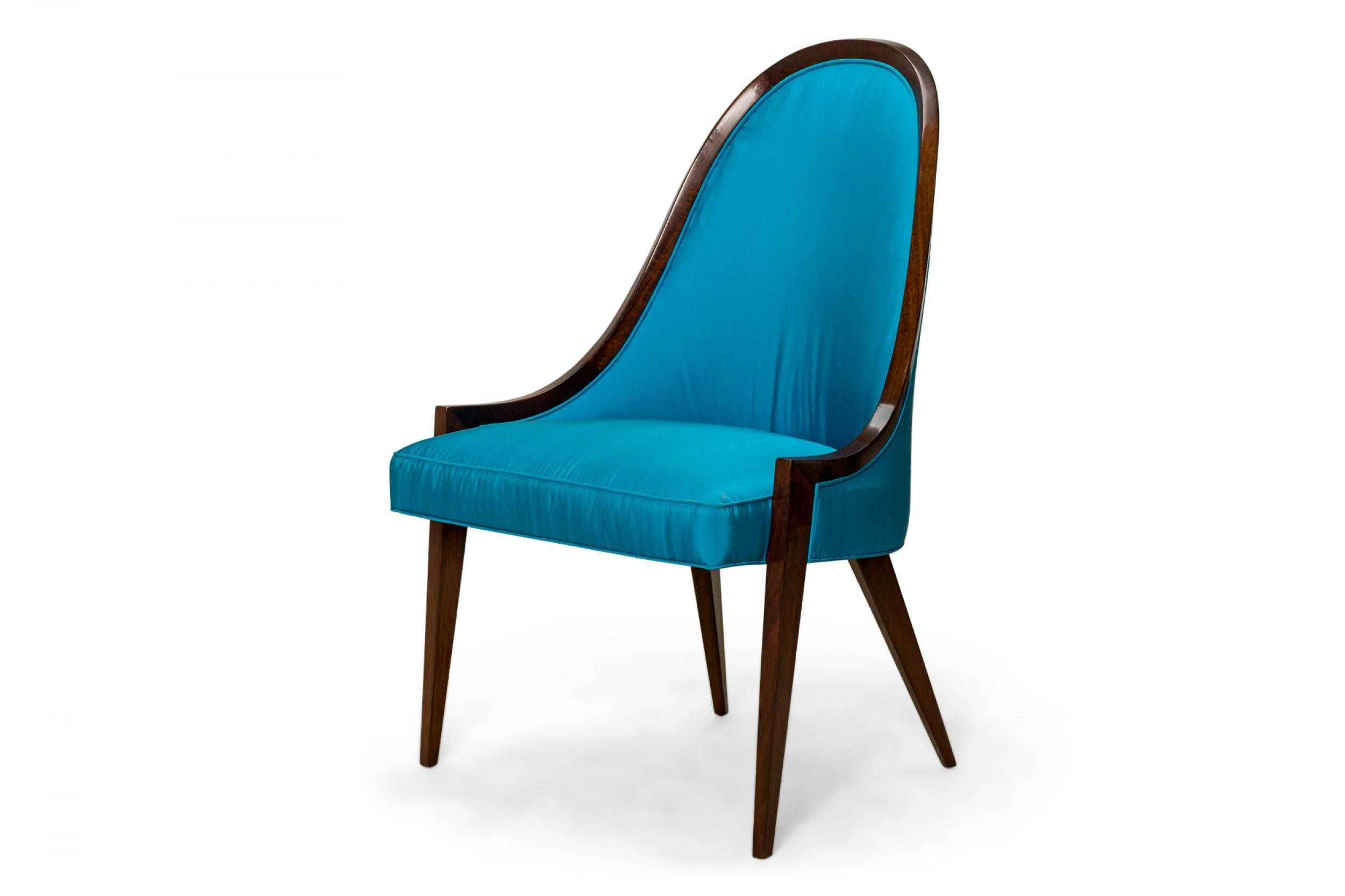Mid-Century Modern Pair of Harvey Probber Peacock Blue 'Gondola' Mahogany Pull Up Side Chairs For Sale