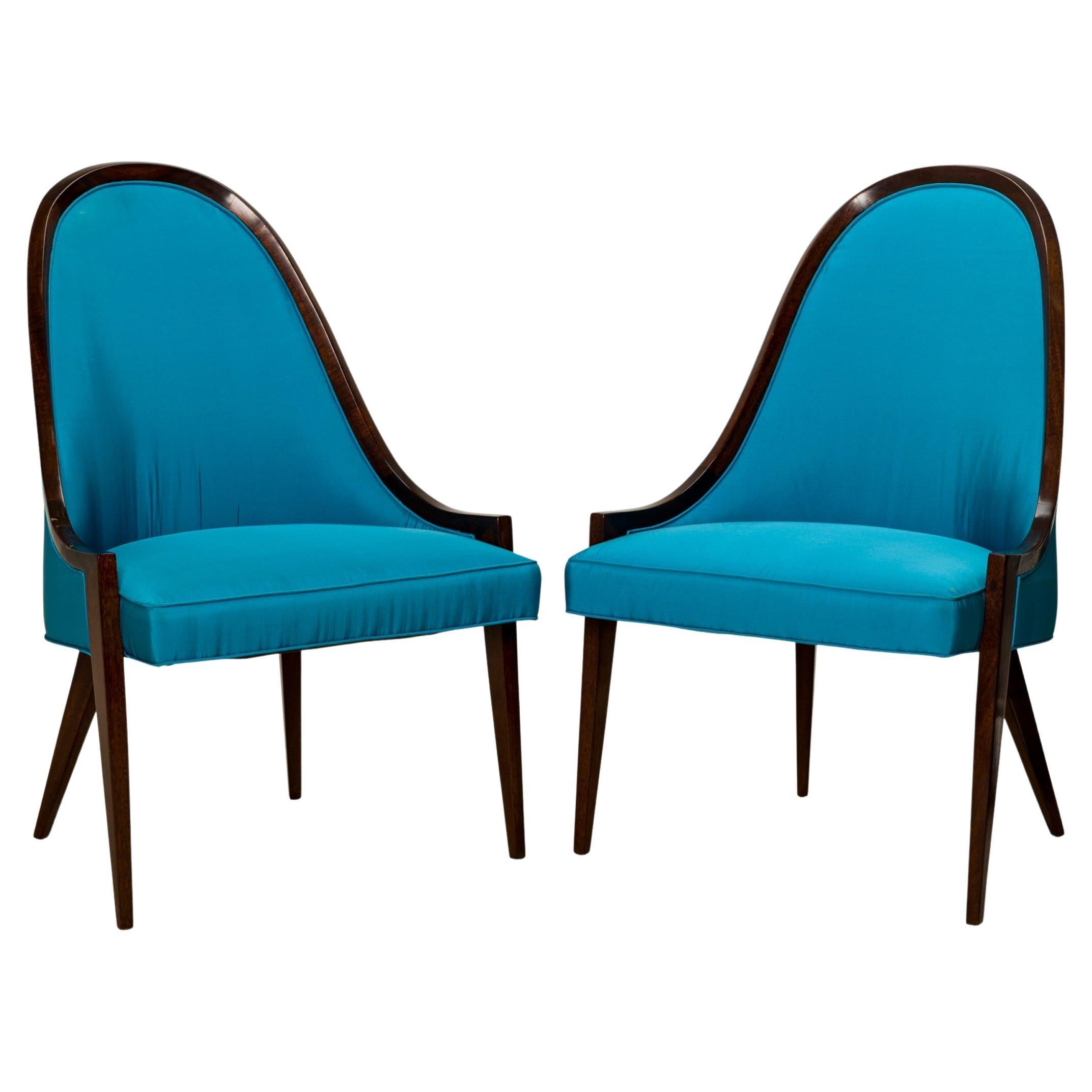 Pair of Harvey Probber Peacock Blue 'Gondola' Mahogany Pull Up Side Chairs