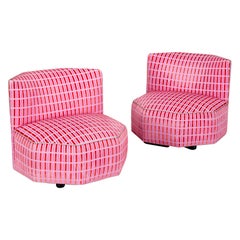 Pair of Harvey Probber–Style Octagonal Lounge Chairs, Pink Geometric Upholstery