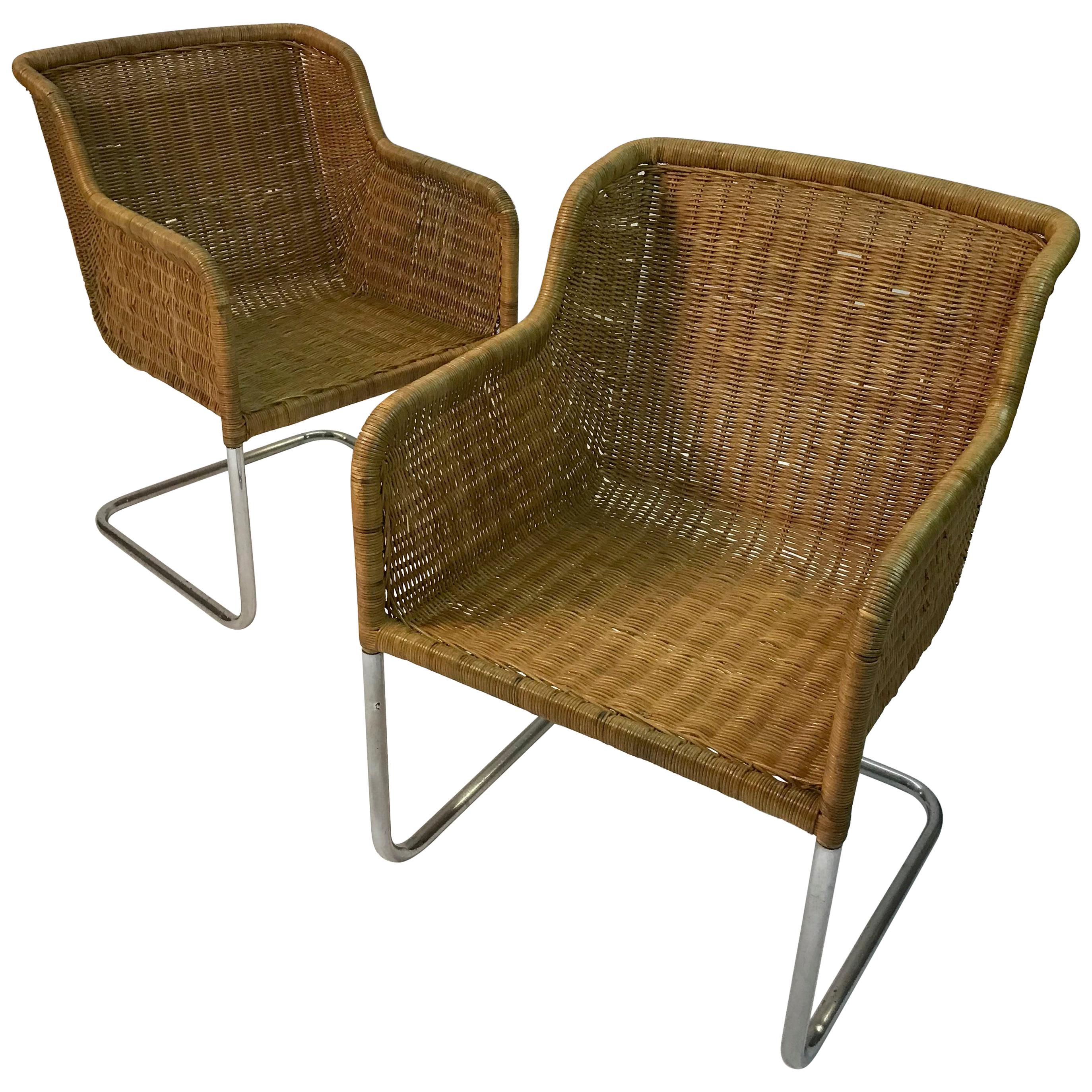 Pair Of Harvey Probber Style Rattan Wicker Chrome Armchairs