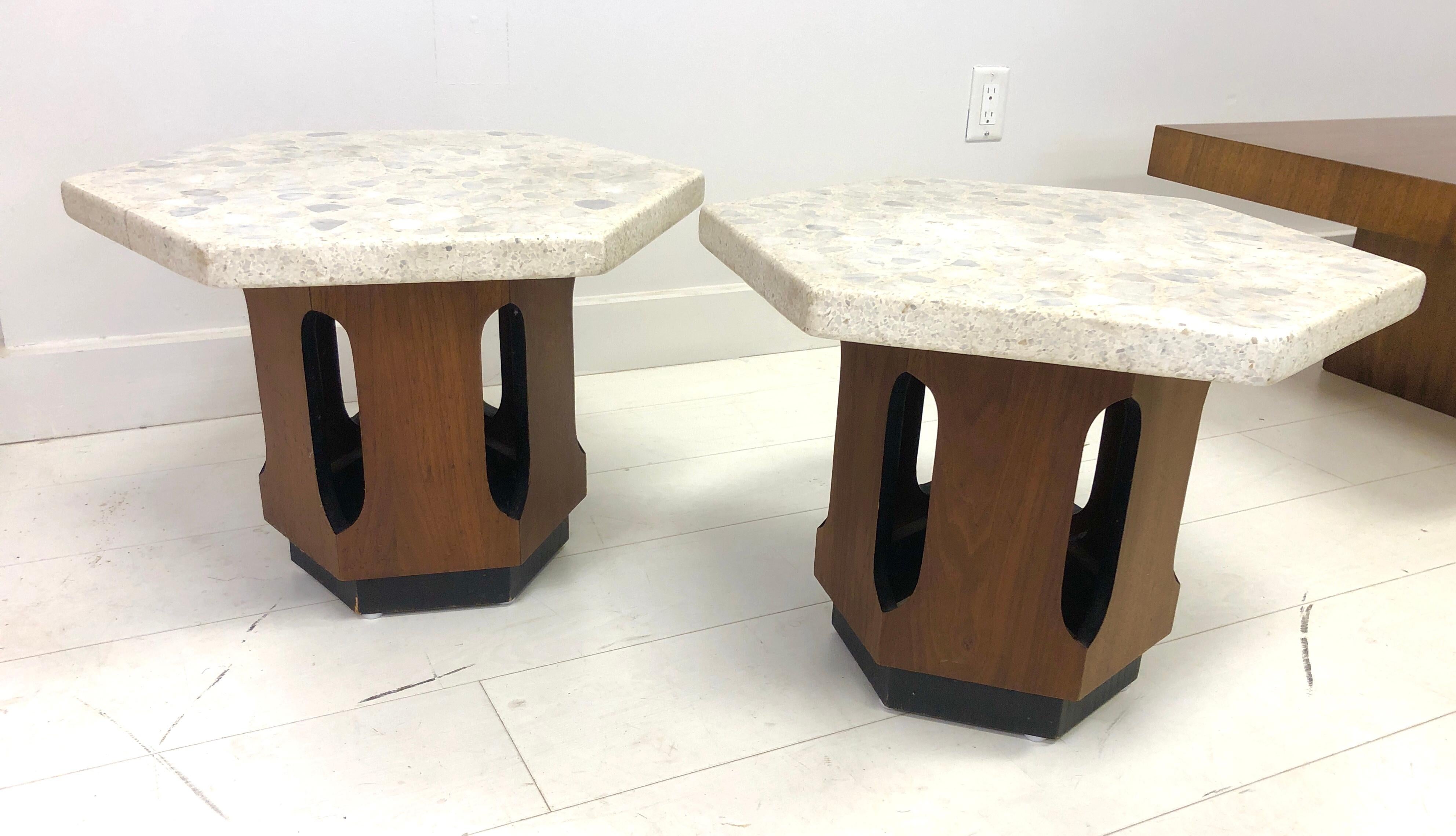 Mid-20th Century Pair of Harvey Probber Style Terrazzo and Walnut Side Tables