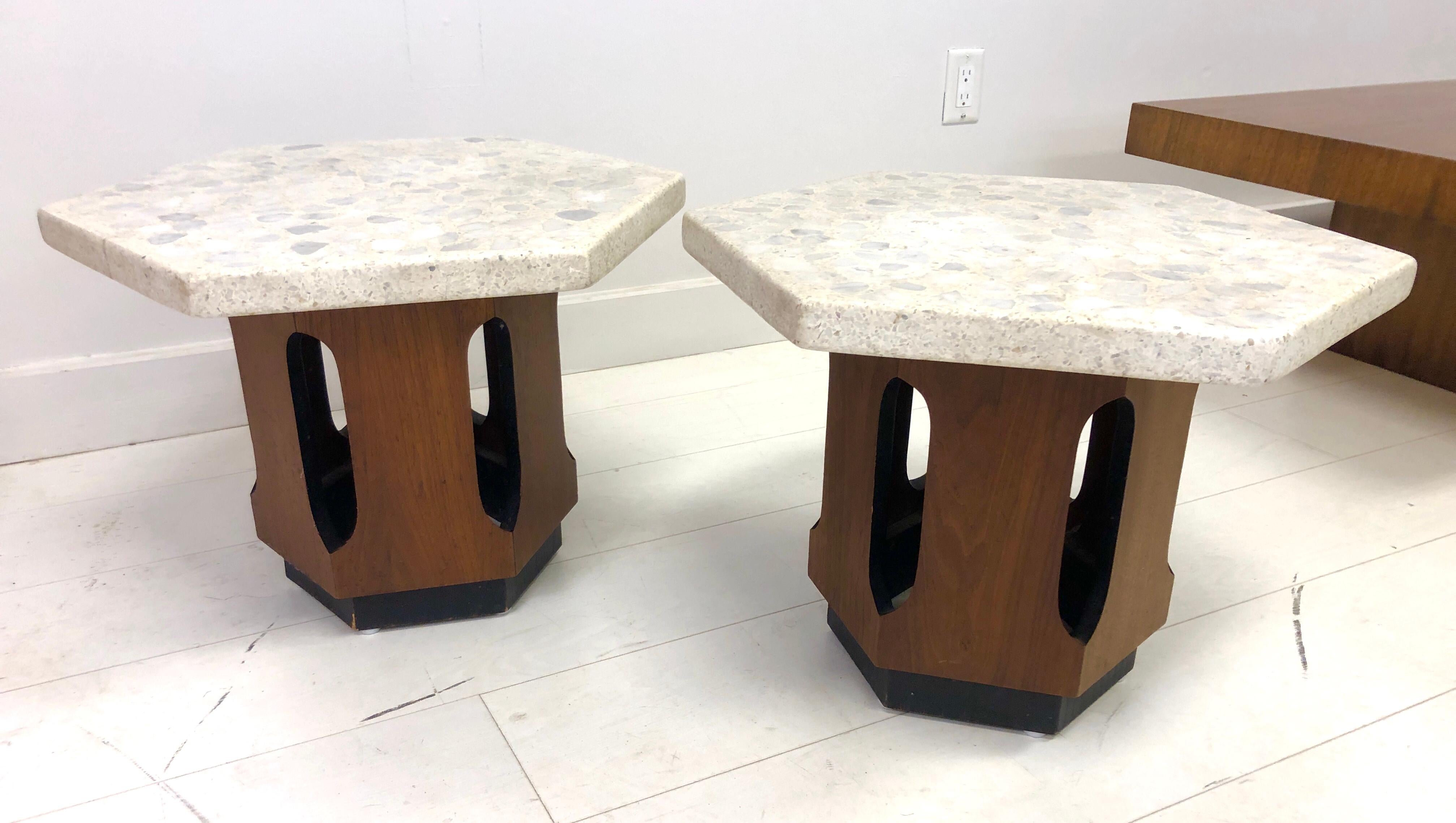 Pair of Harvey Probber Style Terrazzo and Walnut Side Tables 1