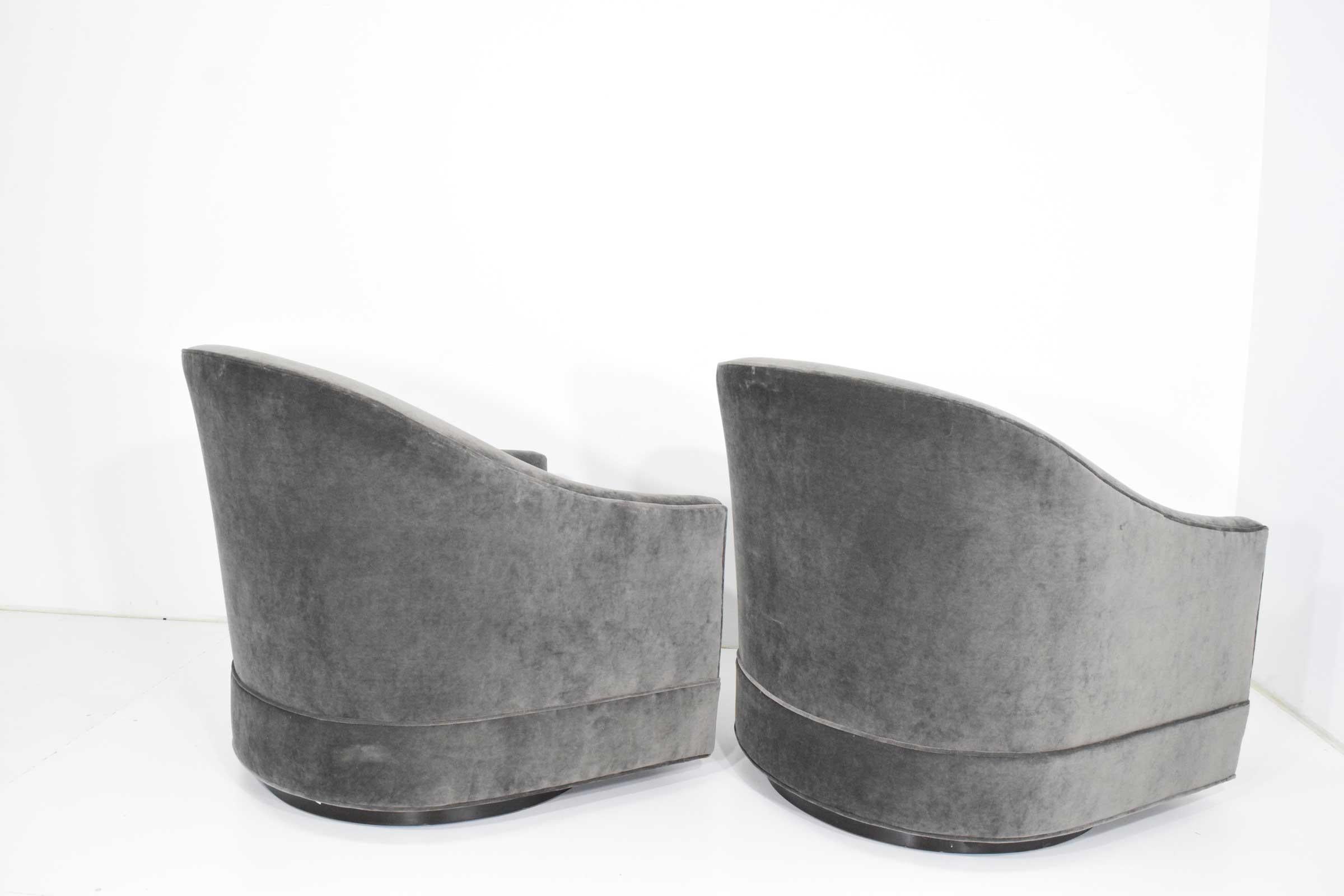Mid-Century Modern Harvey Probber Gray Velvet Swivel Lounge Chairs, Pair