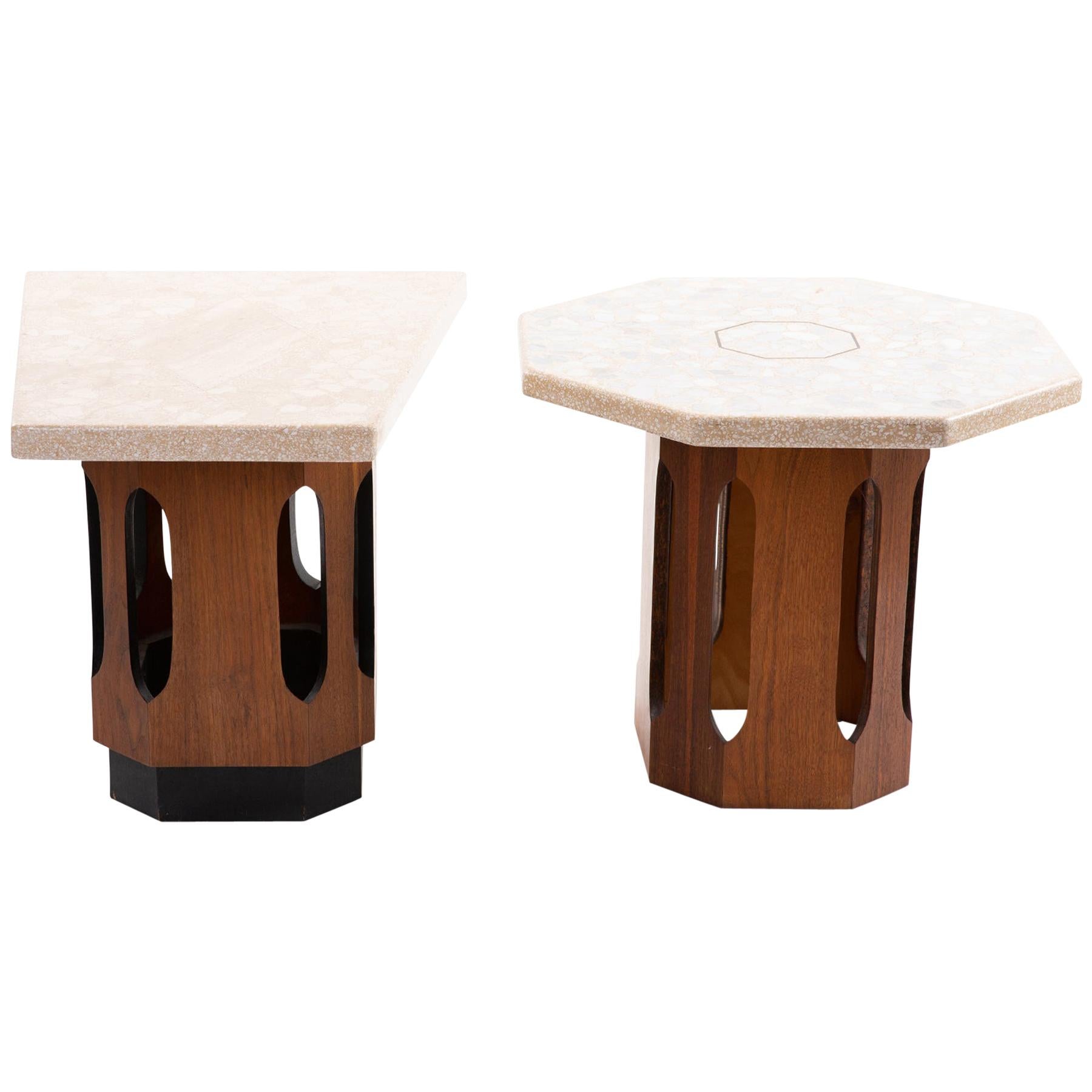 Harvey Probber style terrazzo and walnut side table circa late 1960s. This all original example has an architectural walnut base and solid terrazzo top. Quadrangular table measures: 20.5