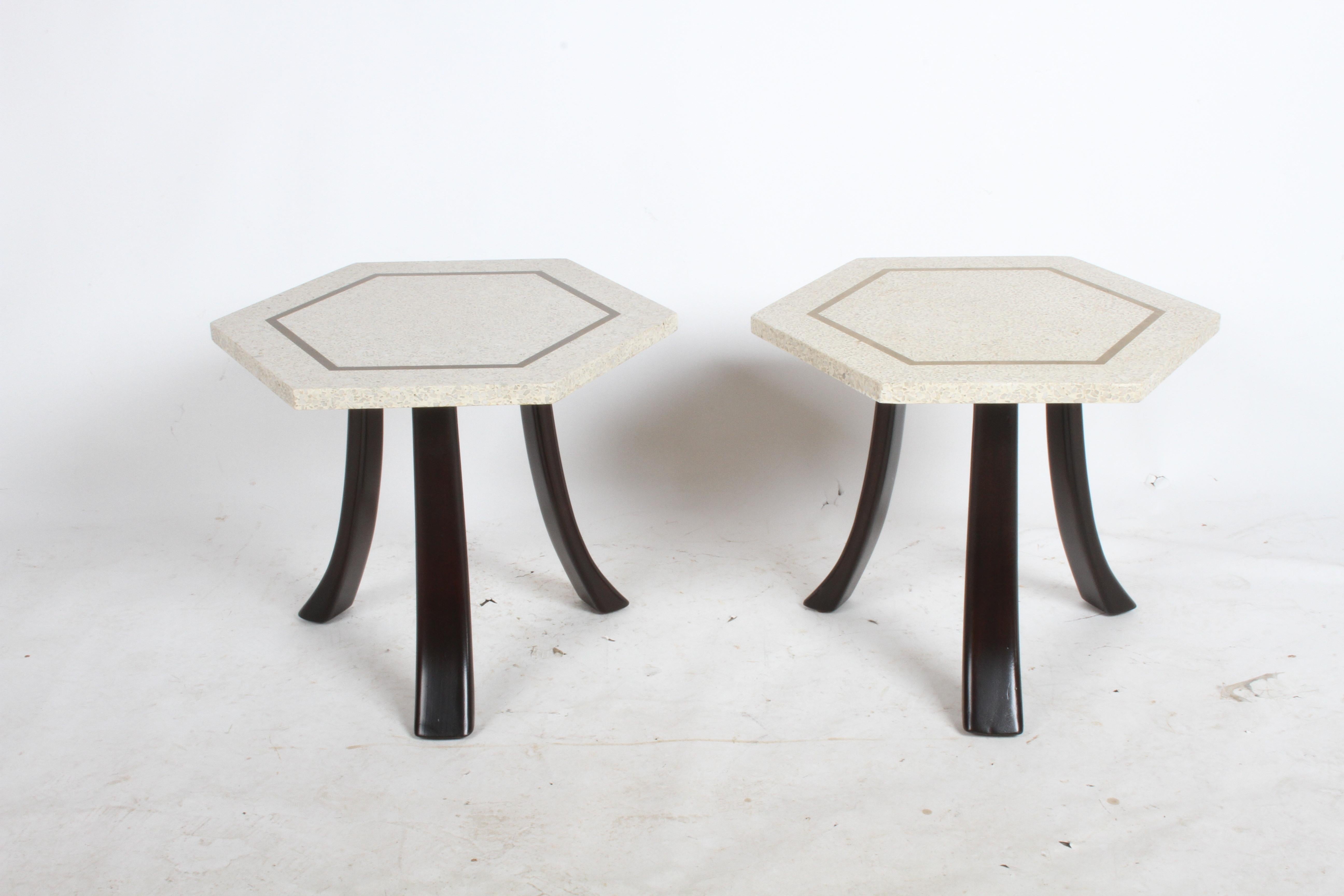 Pair of Classic Mid-Century Modern Harvey Probber terrazzo top and brass insert tables. Perfect to use for side, end or drink tables. Mahogany bases refinished in dark espresso and re-glued, ready to go.