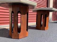 Pair of Terrazzo Top Octagonal Walnut Side/Occasional Table’s