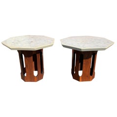 Pair of Terrazzo Top Octagonal Walnut Side/Occasional Table’s