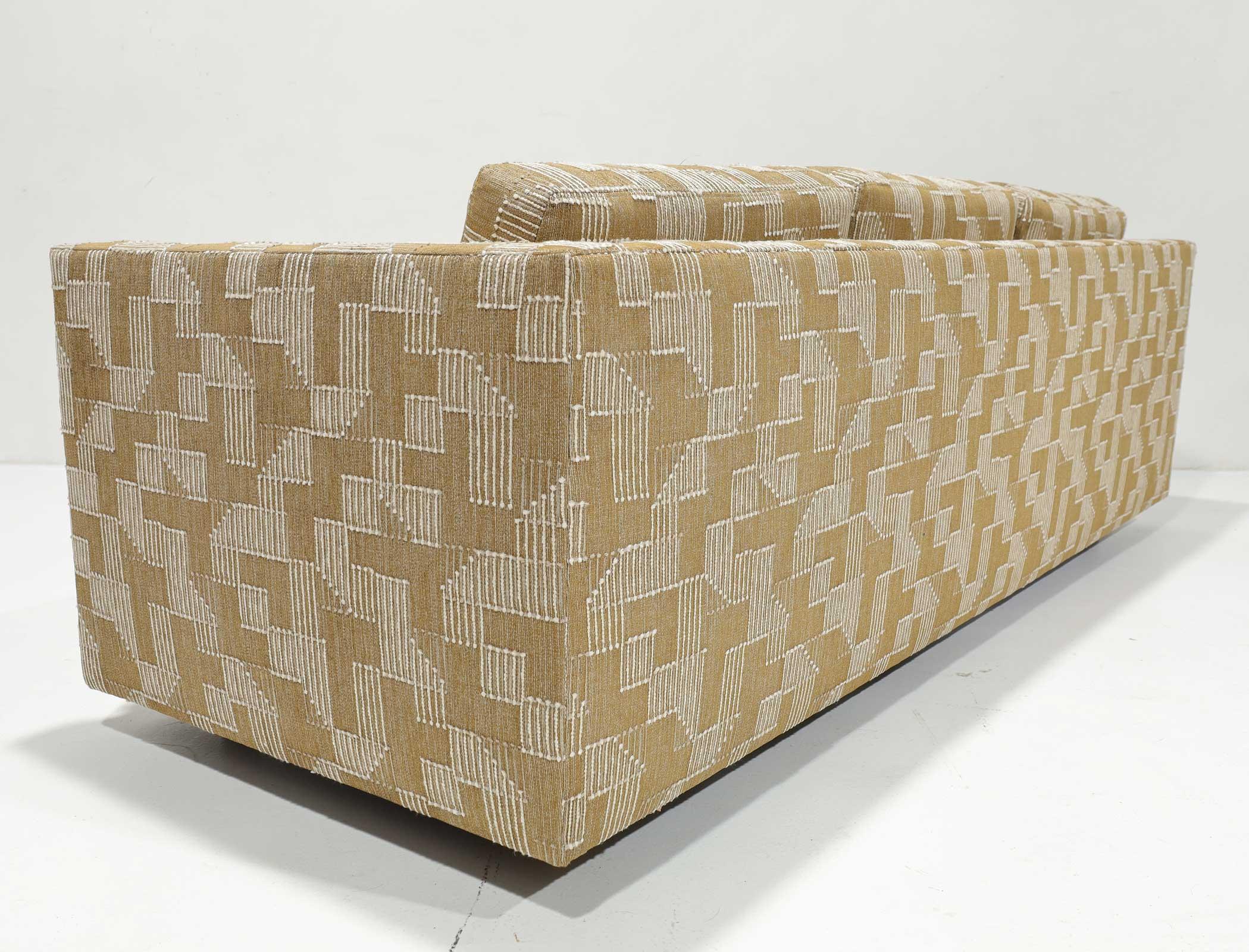 These beautiful sofas have been completely restored. Newly upholstered in a high-quality fabric by Lee Jofa. The fabric has a beautiful pattern, a tight weave with nubby design details. We did a single seat cushion for neatness and no falling