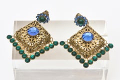 Vintage Hattie Carnegie Signed Green & Blue Rhinestone Dangle Clip On Earrings