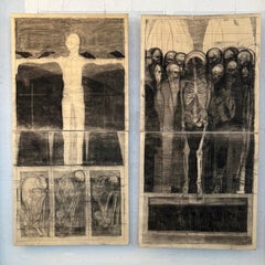 Pair Of Haunting Postmodern Charcoal Skeletal Figures Diptych Paintings