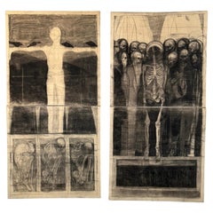 Pair Of Haunting Postmodern Charcoal Skeletal Figures Diptych Paintings