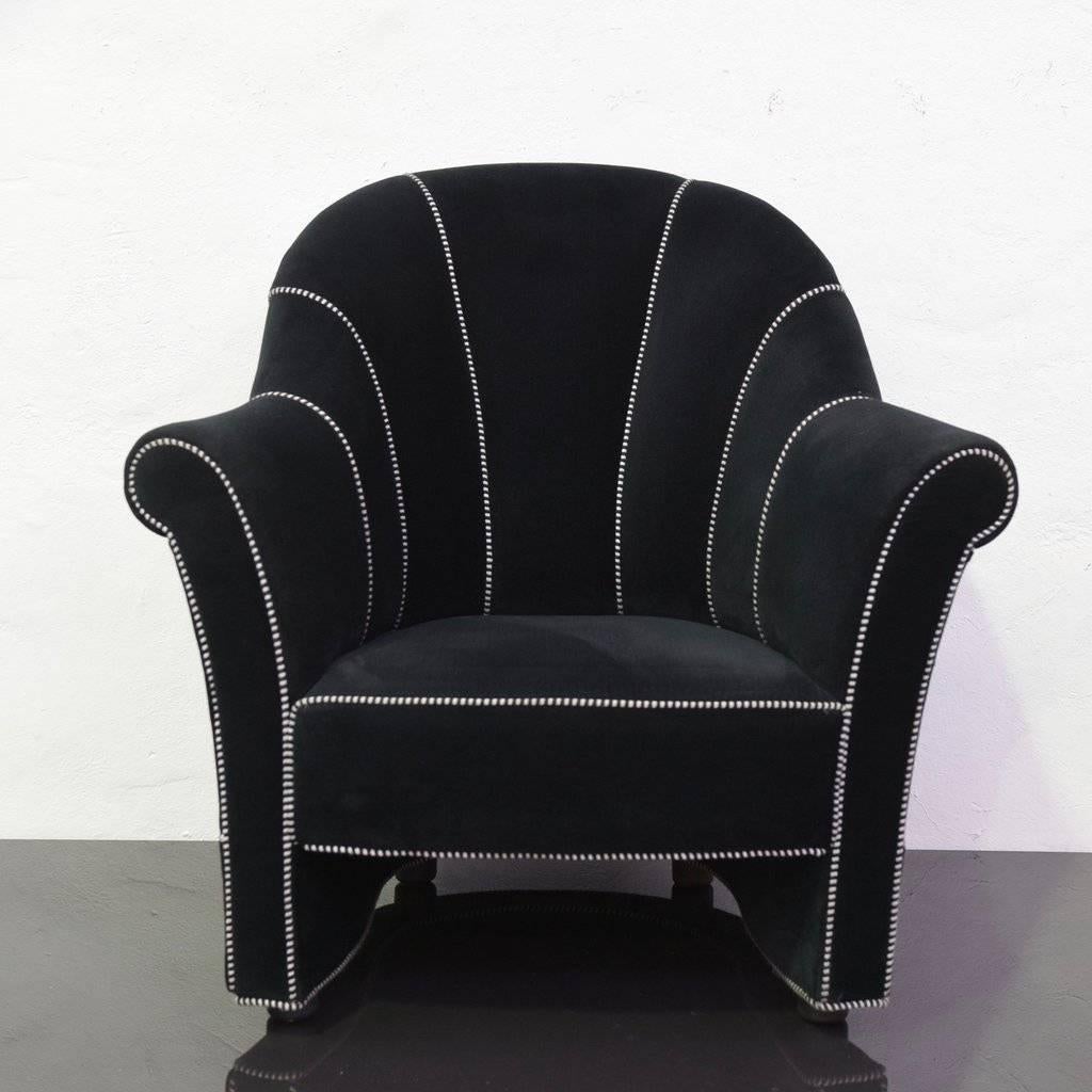Haus Koller collection armchair designed by Josef Hoffmann and made by Wittmann of Austria. Originally designed for the Koller House in 1911, these are licensed chairs from the latter part of the 20th century. Black velvet with black and white