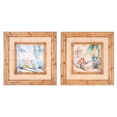 Used Pair of Hawaiian Watercolors in Bamboo Frames